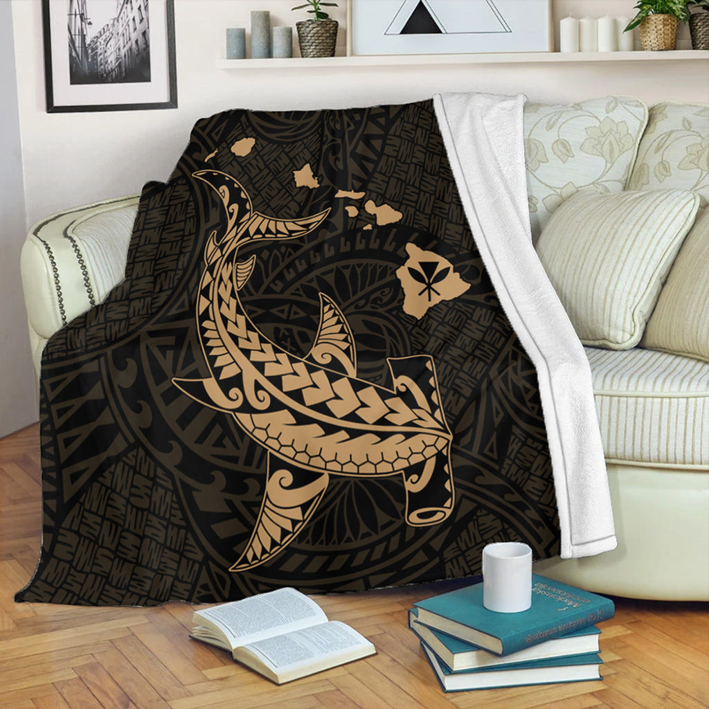 Hawaii Hawaiian Native Map Hammerhead Shark Gold Premium Blanket