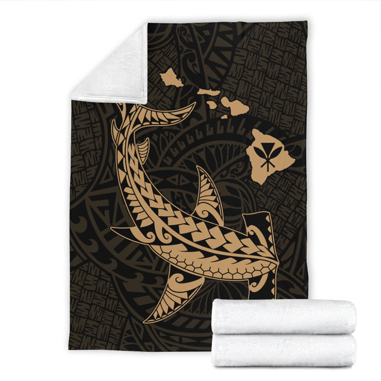 Hawaii Hawaiian Native Map Hammerhead Shark Gold Premium Blanket