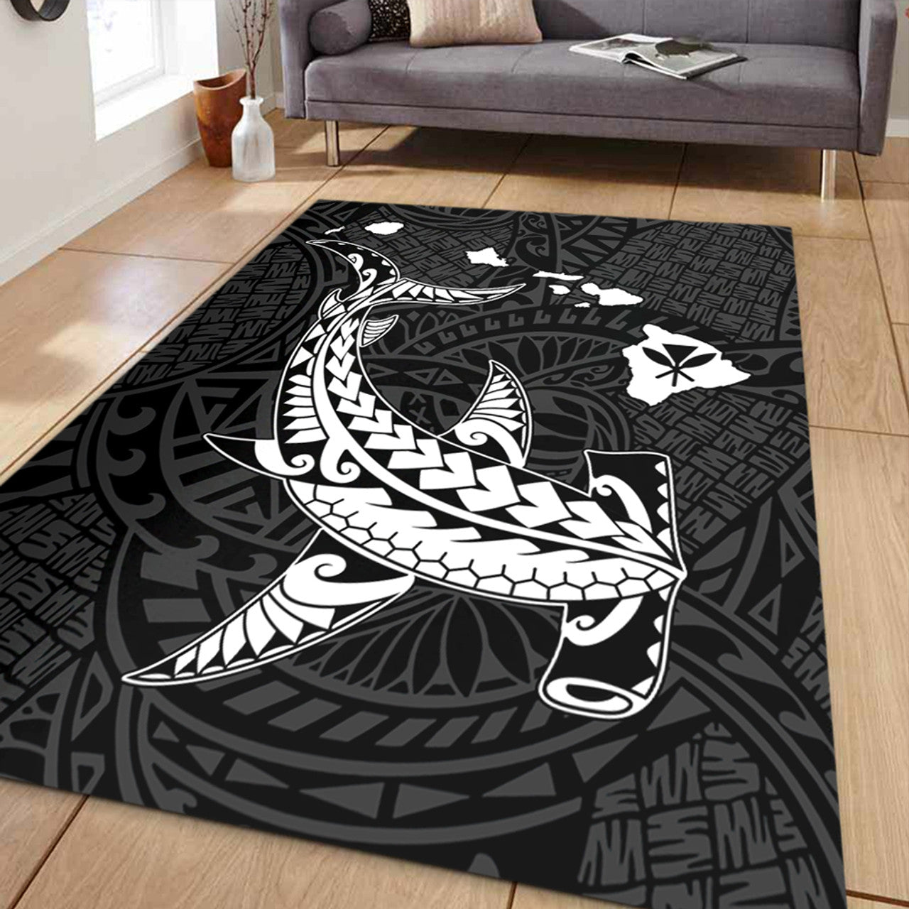 Hawaii Hawaiian Native Map Hammerhead Shark White Area Rug