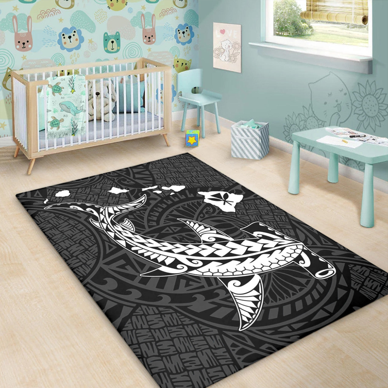 Hawaii Hawaiian Native Map Hammerhead Shark White Area Rug
