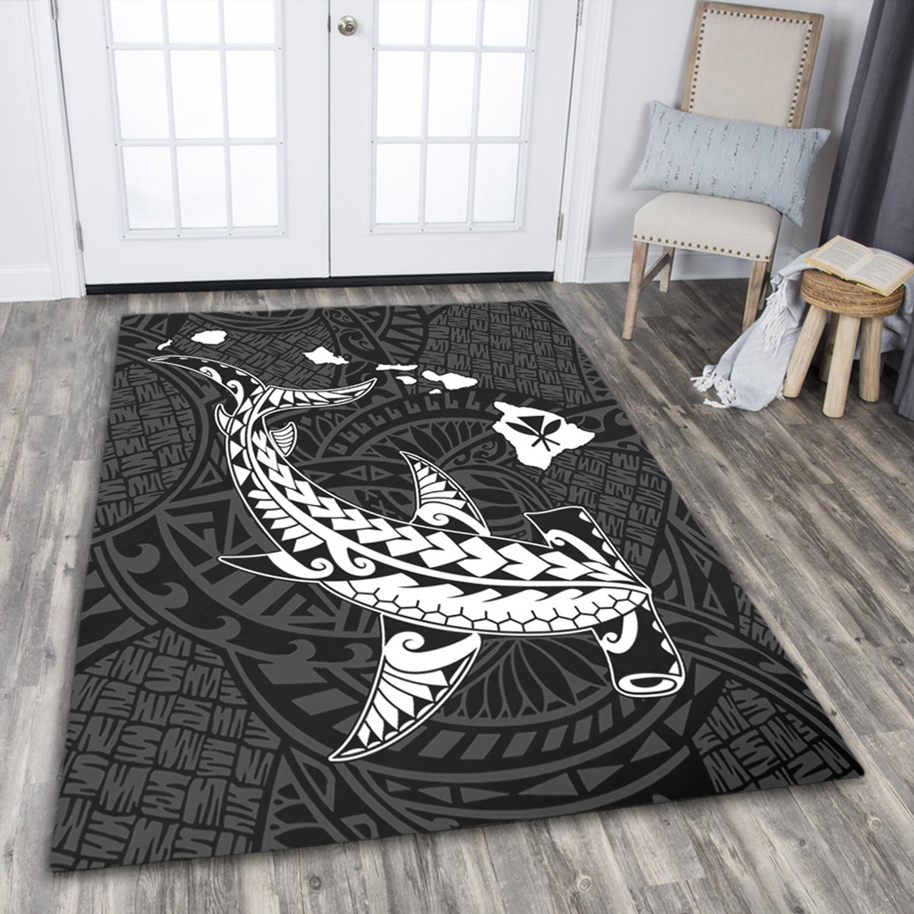 Hawaii Hawaiian Native Map Hammerhead Shark White Area Rug