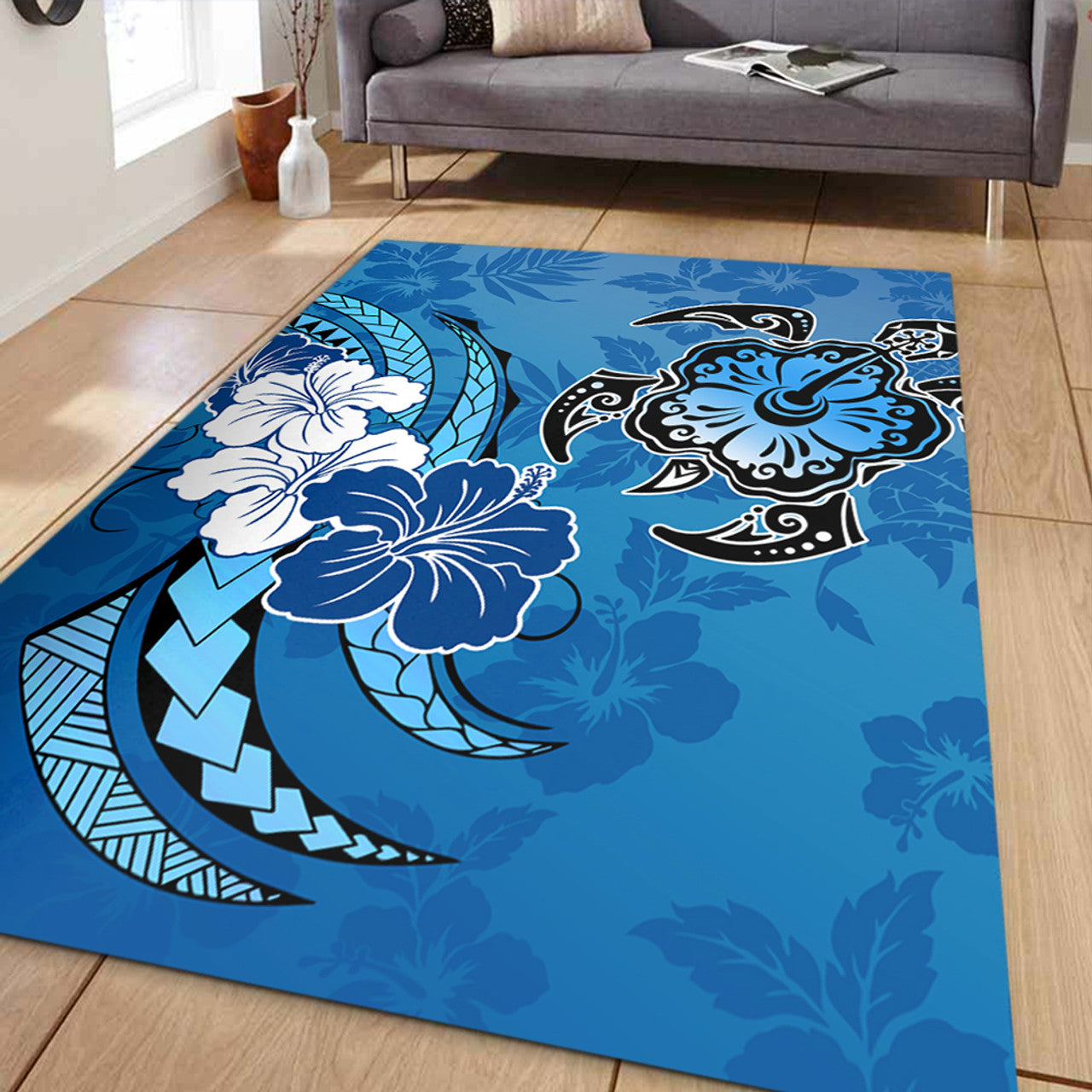 Hawaii Hibiscus Flower And Sea Turtle Polynesian Area Rug