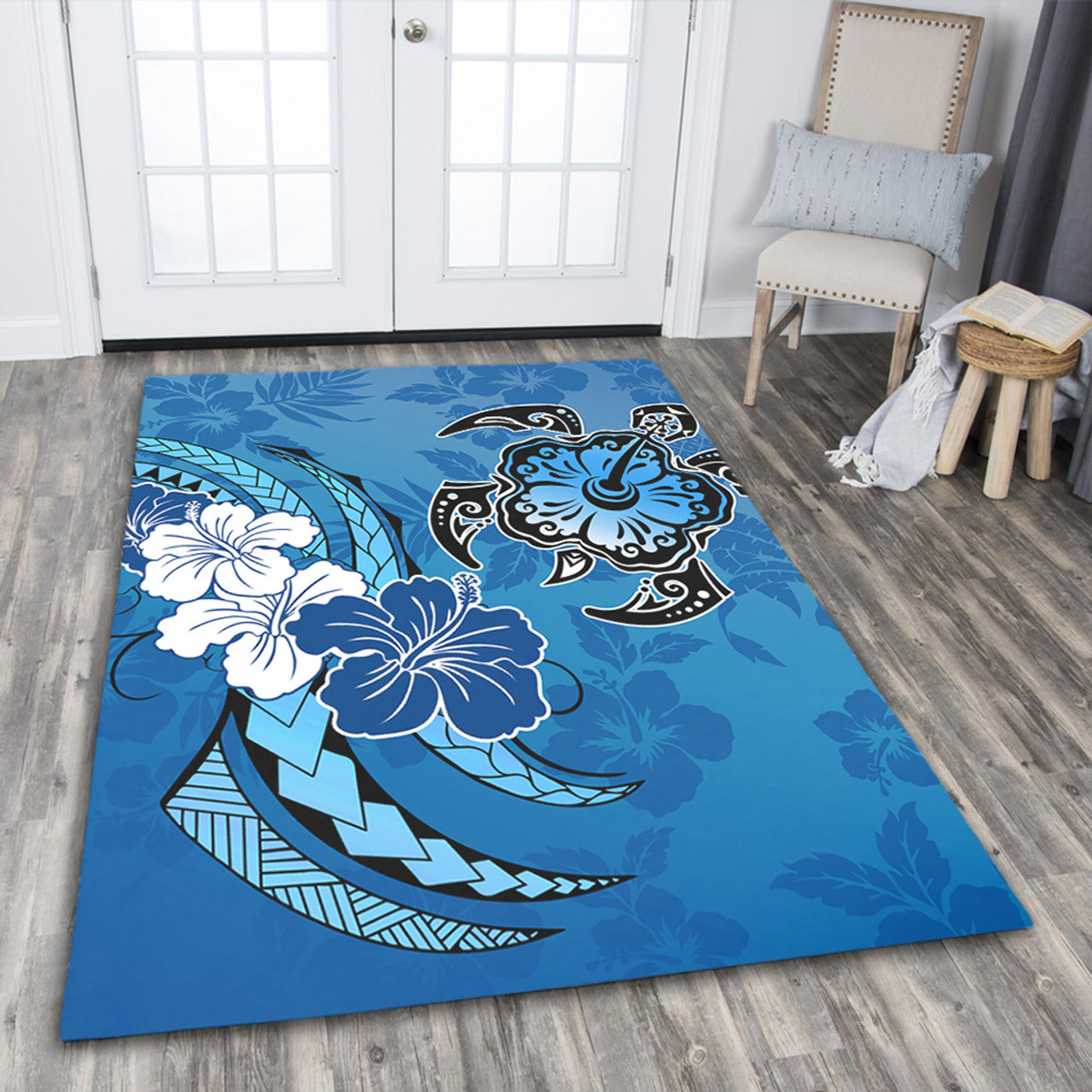Hawaii Hibiscus Flower And Sea Turtle Polynesian Area Rug