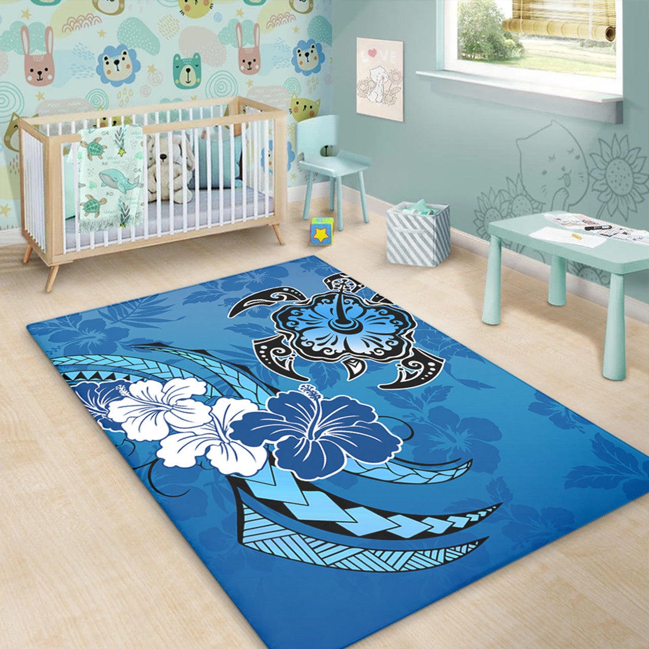 Hawaii Hibiscus Flower And Sea Turtle Polynesian Area Rug