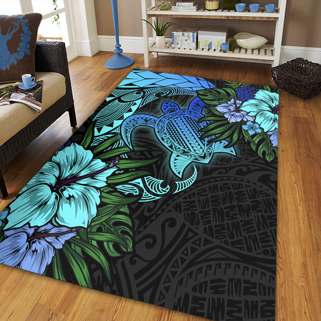 Hawaii Polynesian Turtle Tropical Blue Gardient Blue Area Rug