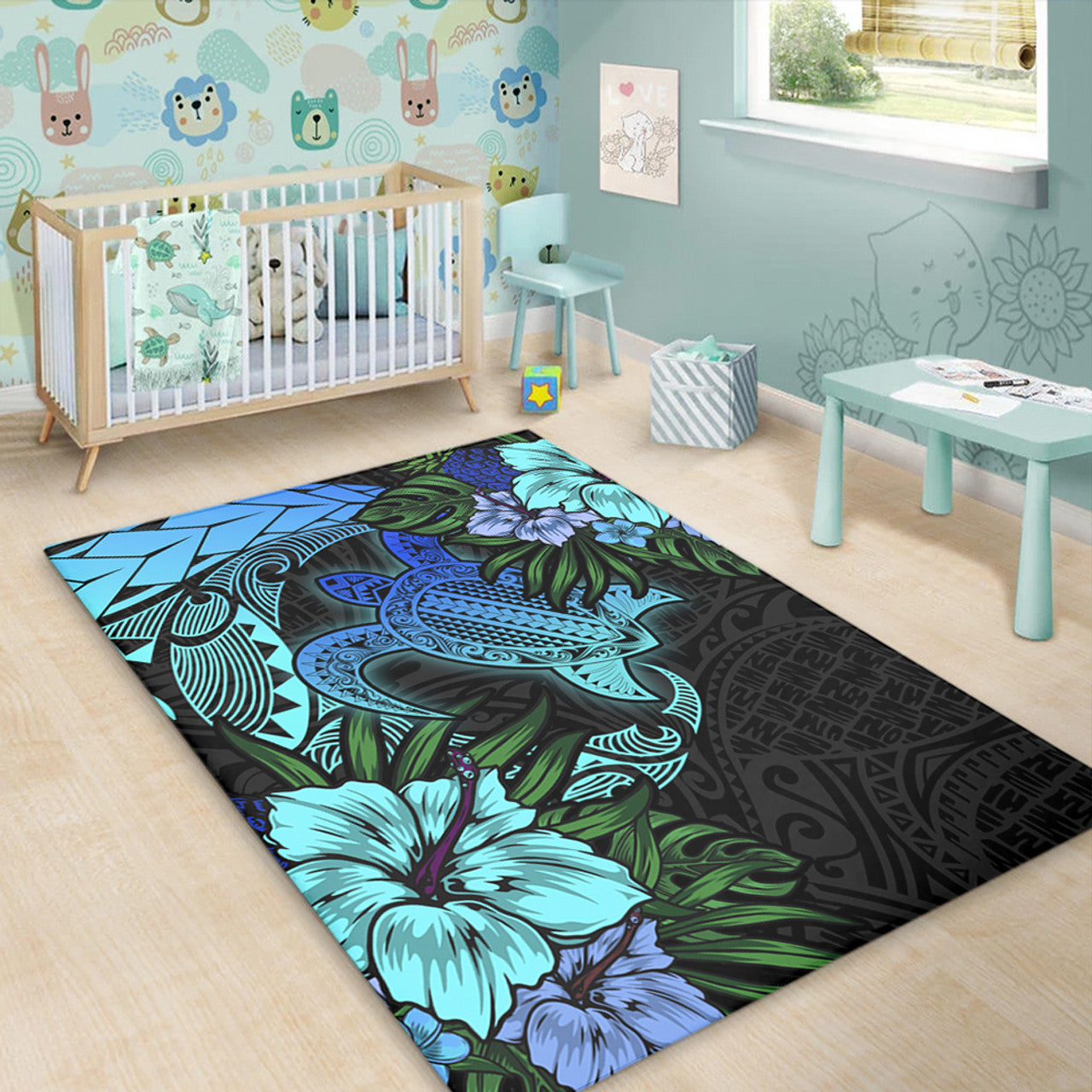Hawaii Polynesian Turtle Tropical Blue Gardient Blue Area Rug