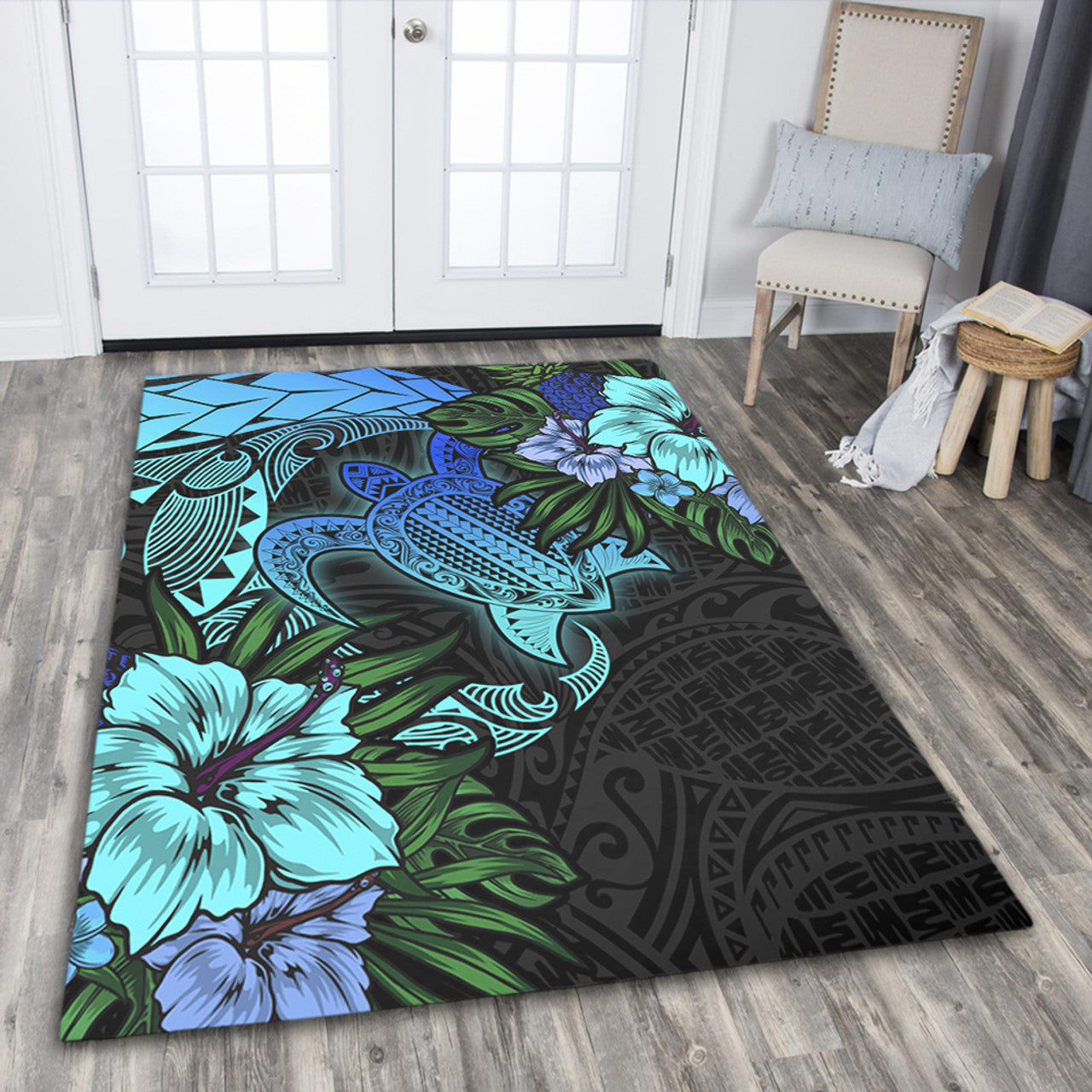 Hawaii Polynesian Turtle Tropical Blue Gardient Blue Area Rug