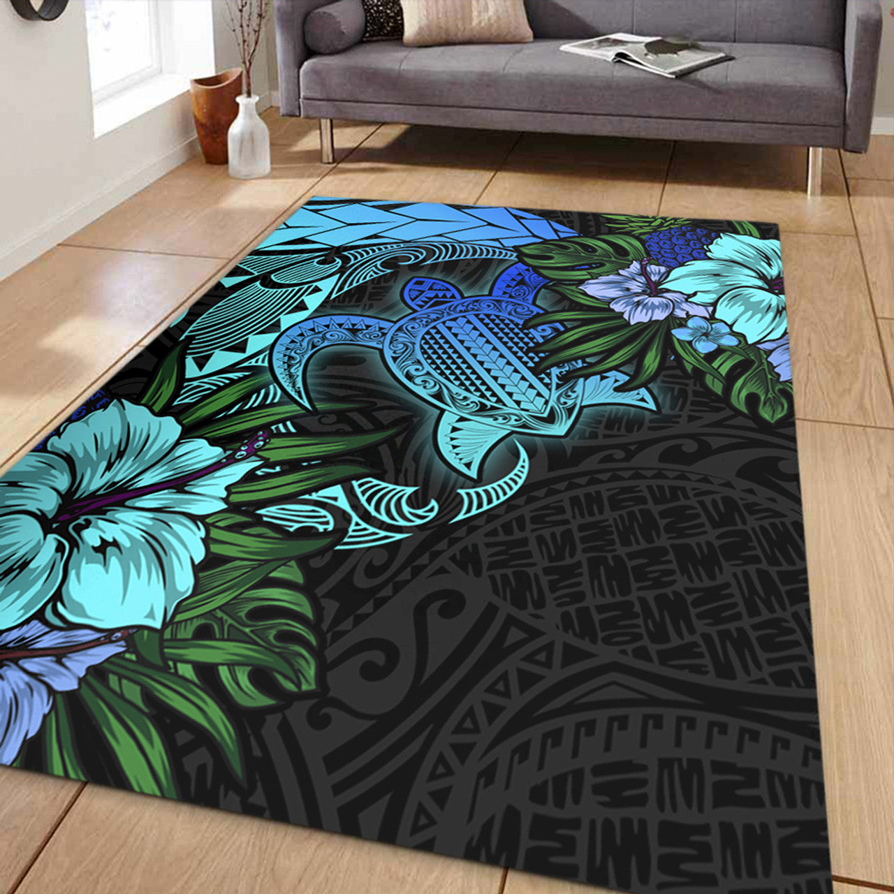Hawaii Polynesian Turtle Tropical Blue Gardient Blue Area Rug