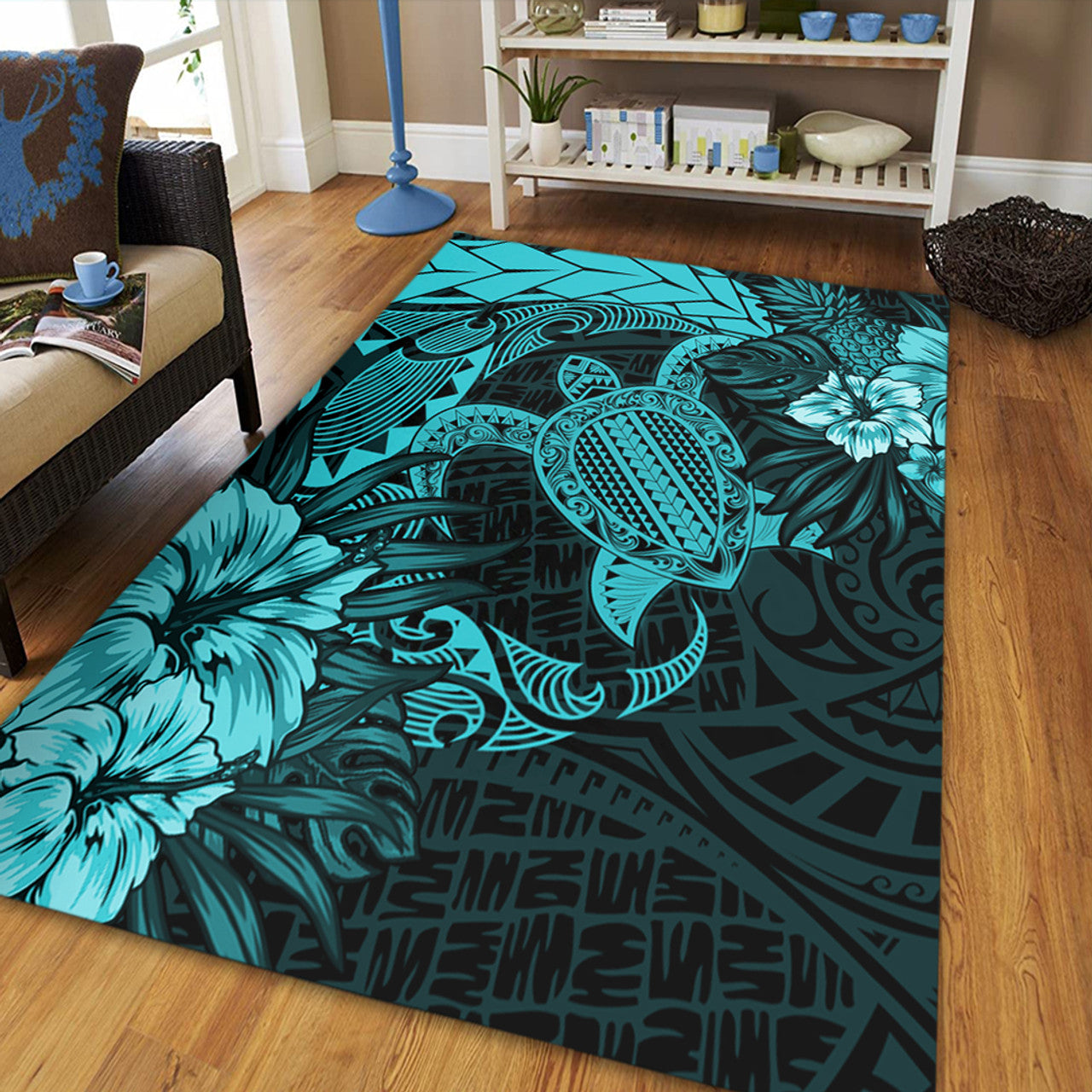 Hawaii Polynesian Turtle Tropical Turquoise Area Rug