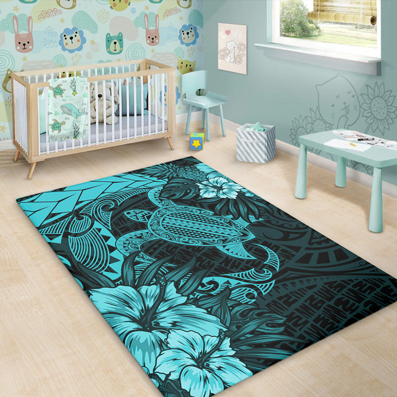 Hawaii Polynesian Turtle Tropical Turquoise Area Rug