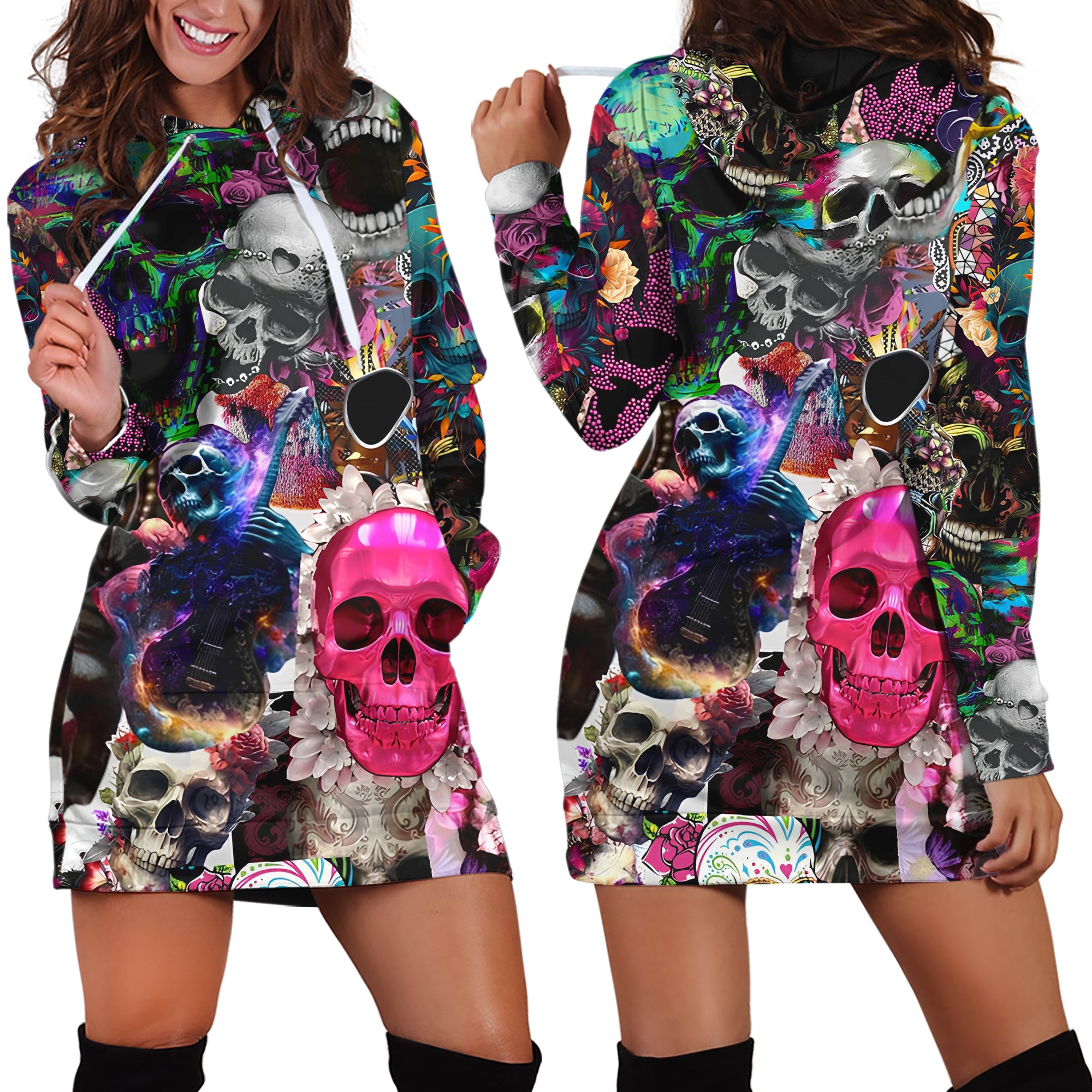 Skull Art Design Halloween Vibes Hoodie Dress - TH02