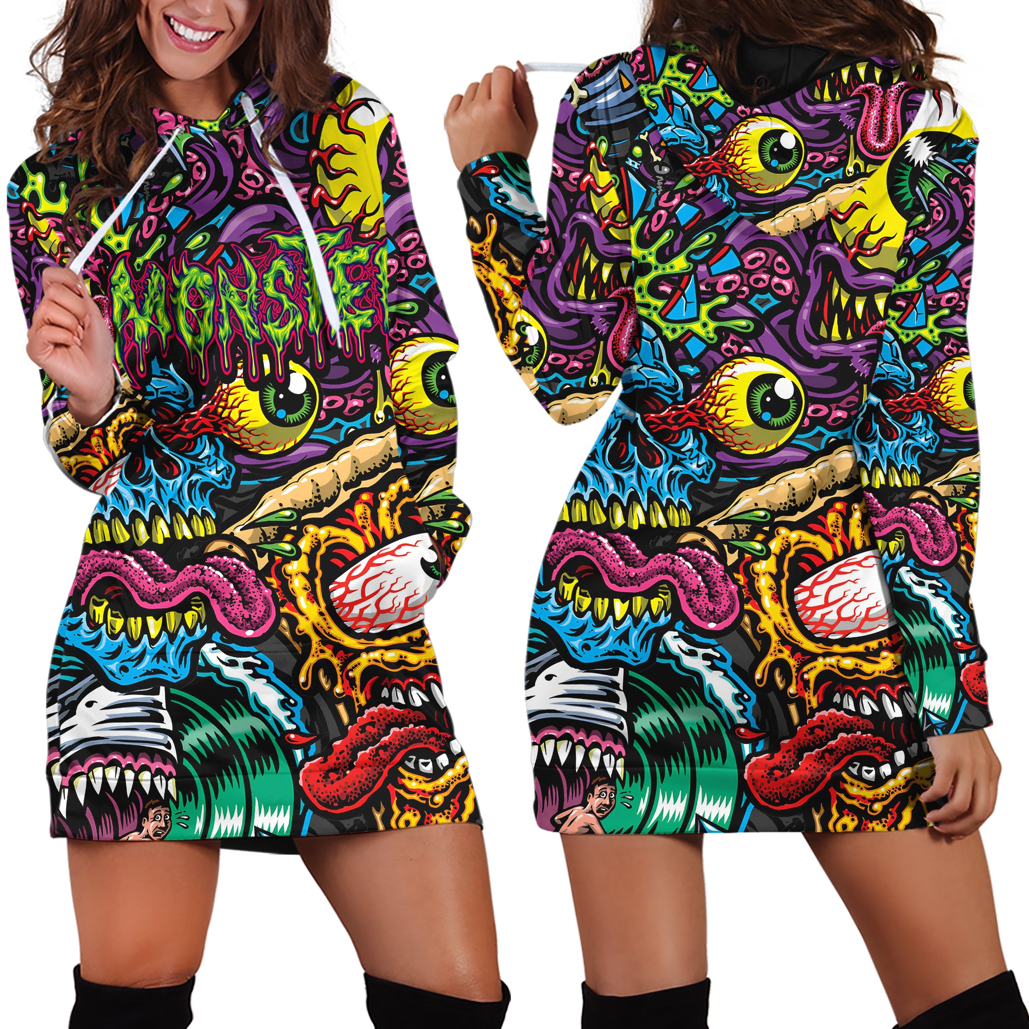 Monster Mashup Design Halloween Vibes Hoodie Dress - TH02