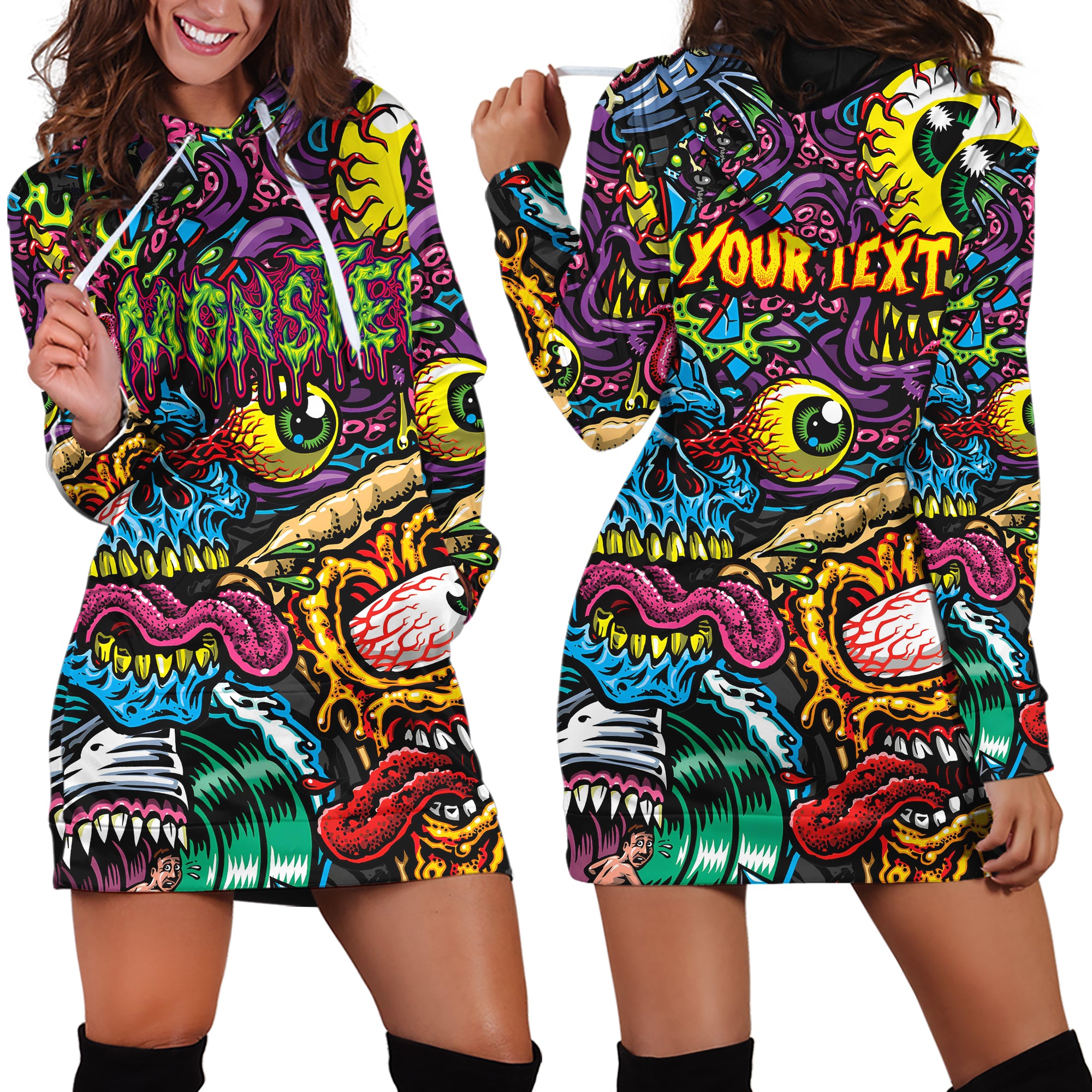 Personalised Monster Mashup Design Halloween Vibes Hoodie Dress - TH02