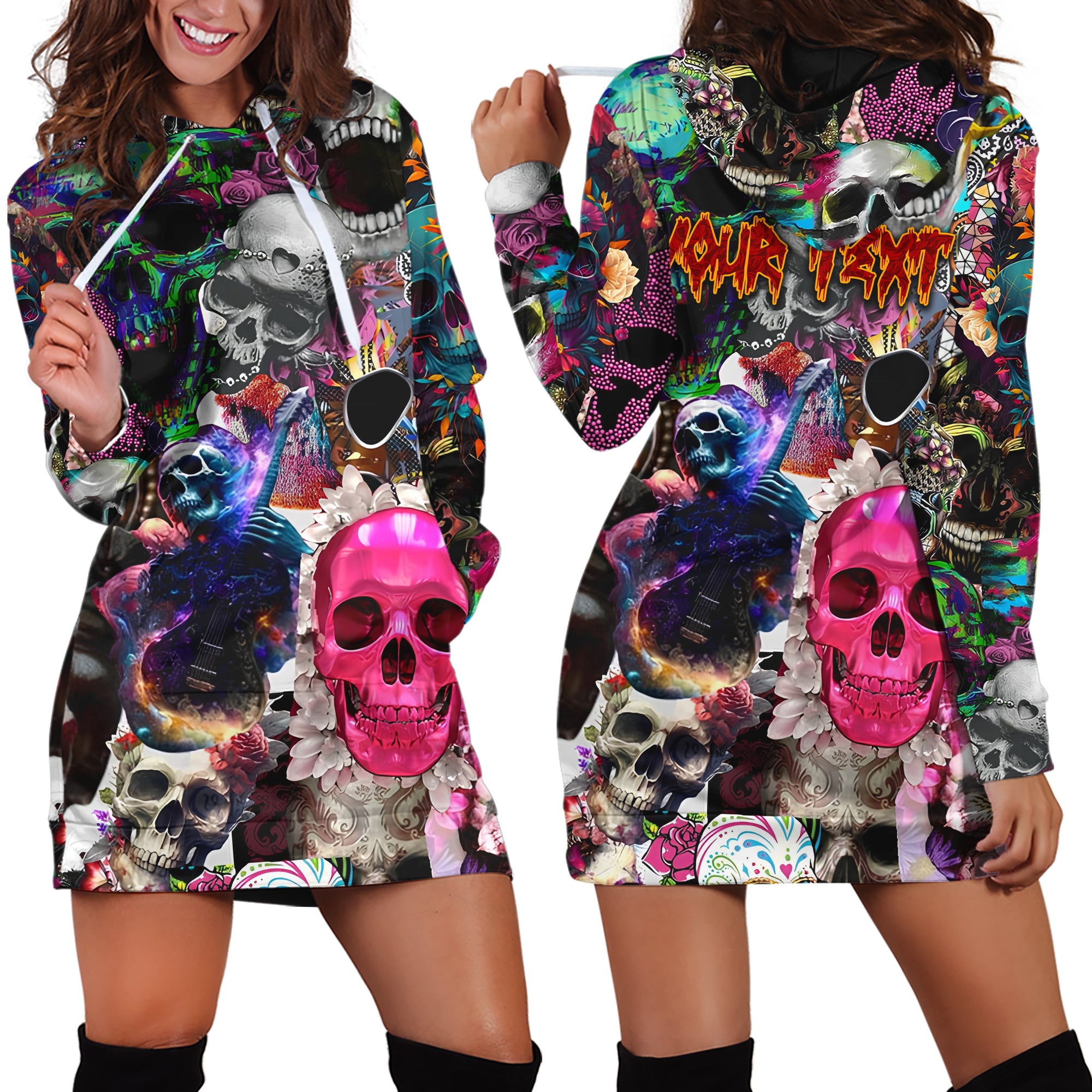 Personalised Skull Art Design Halloween Vibes Hoodie Dress - TH02