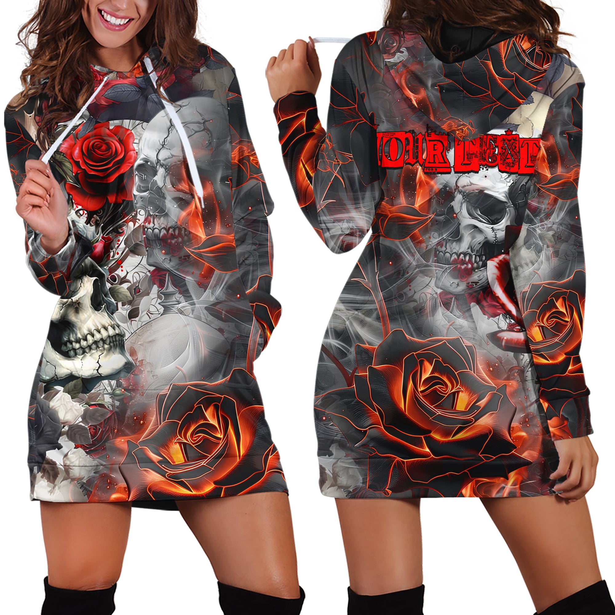 Personalised Rose Flames Of Hell Design Halloween Vibes Hoodie Dress - TH02