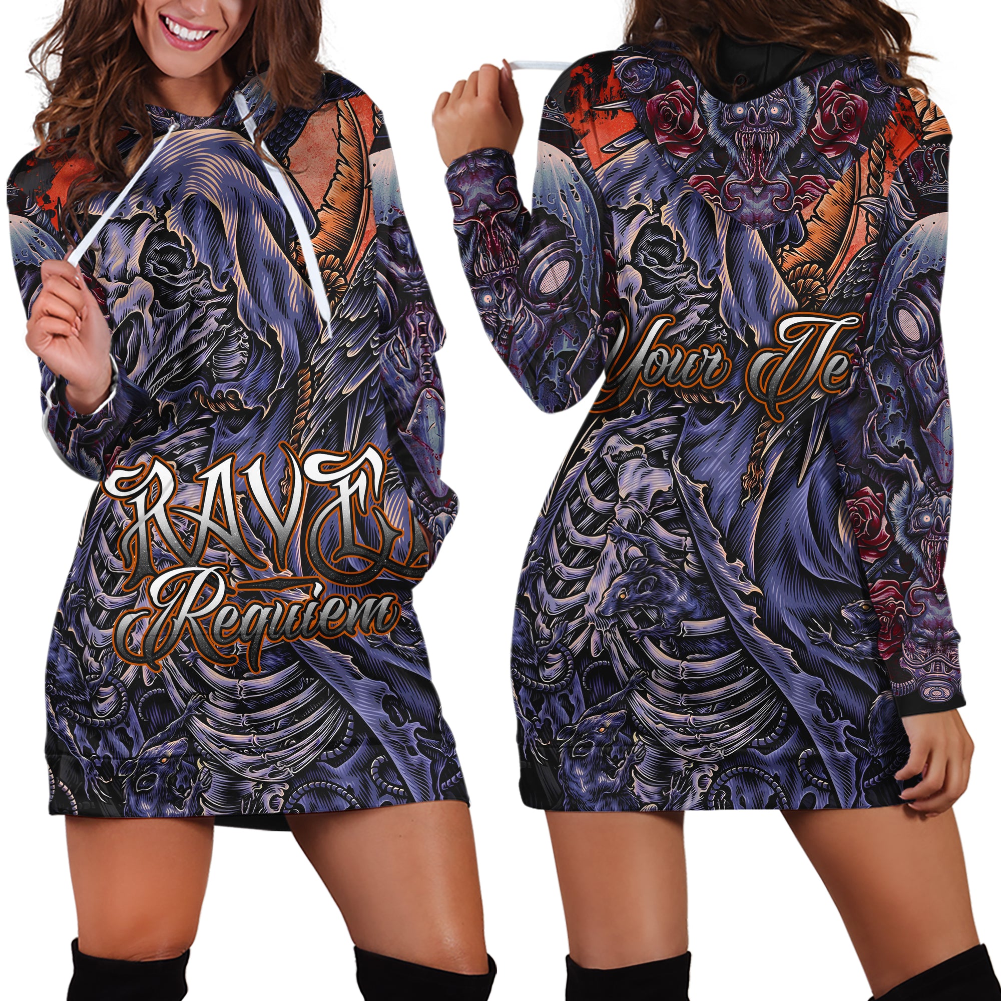 Personalised Raven Requiem Design Halloween Vibes Hoodie Dress - TH02
