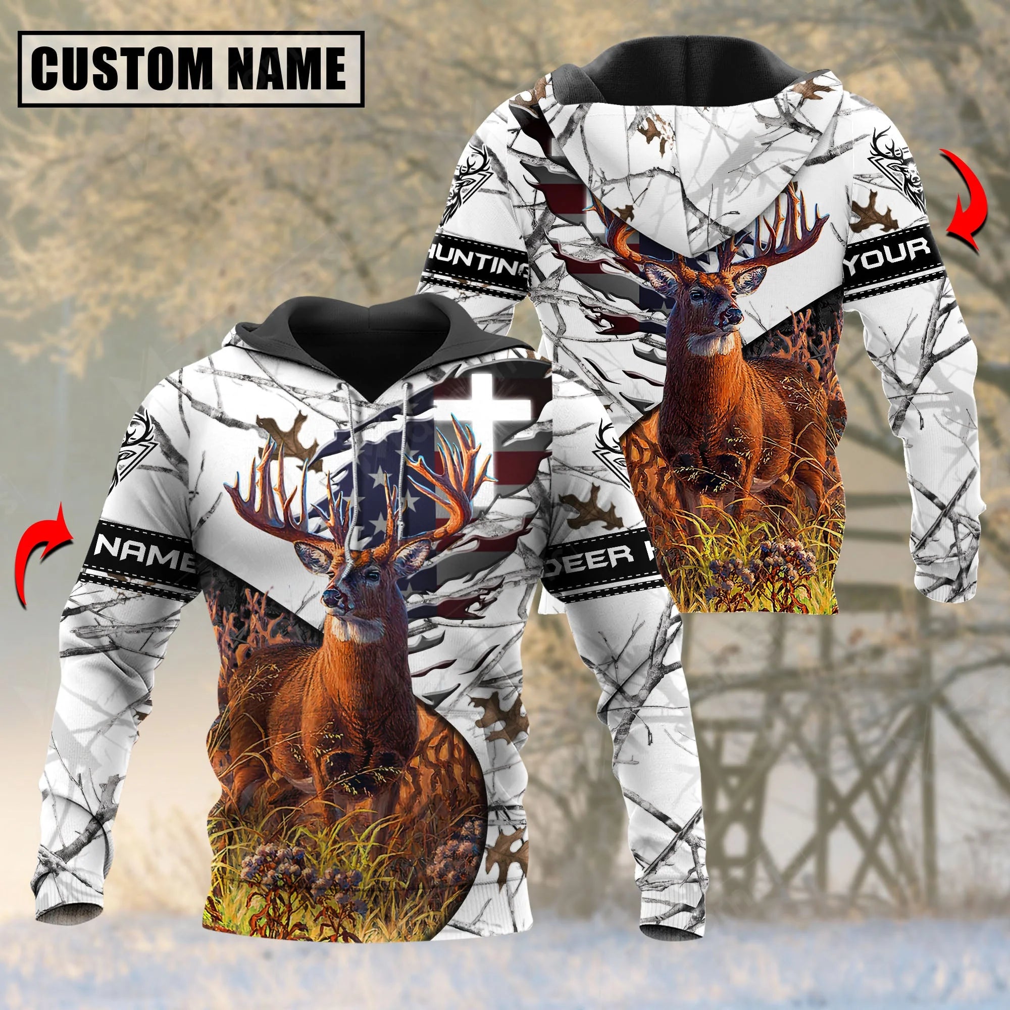 Personalised - White Wilderness Deer Hunting Hoodie Unisex