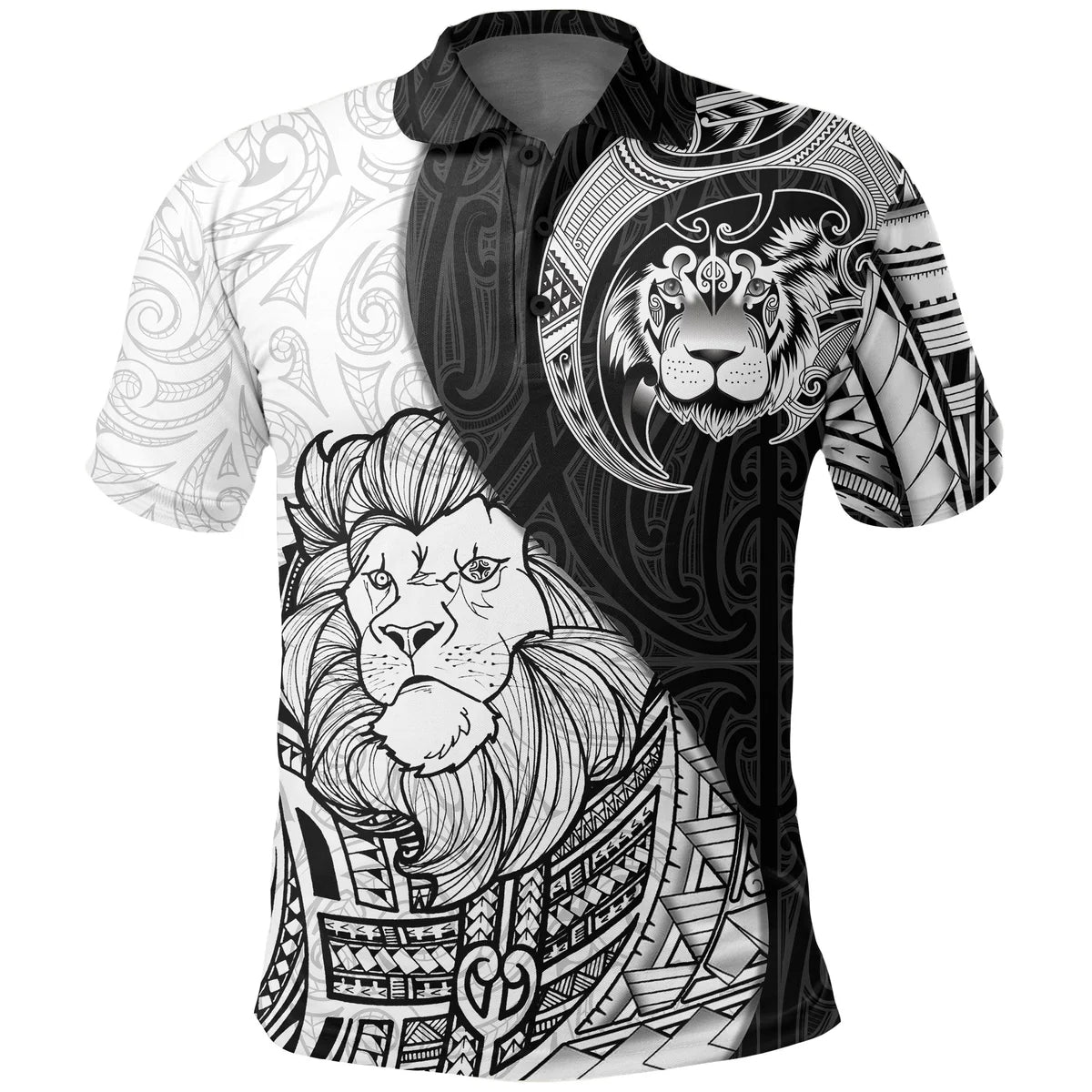 Lion Maori Tattoo With Black And White Polo Shirt Unisex