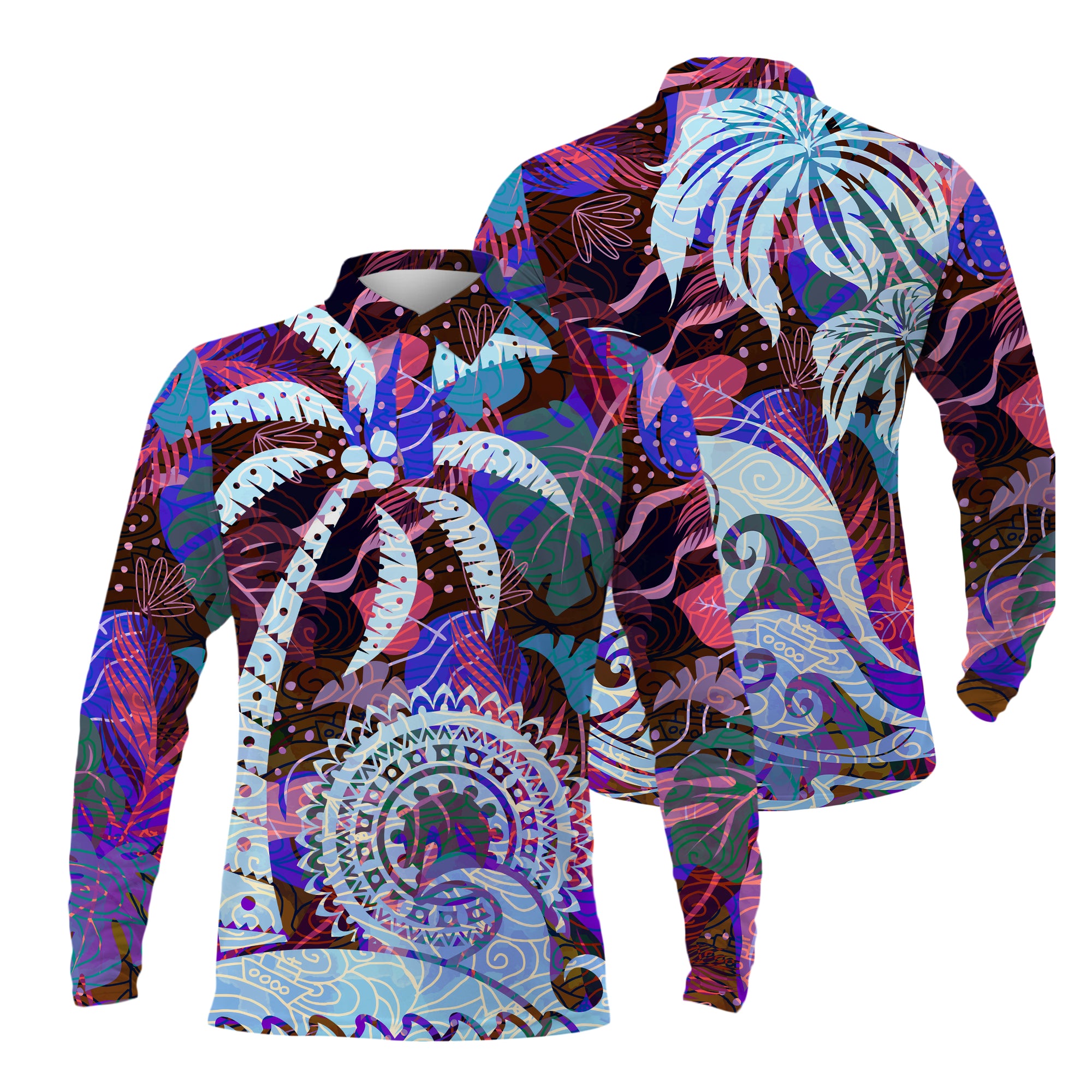Tropical Waves and Palm Trees Long Sleeve Polo Shirt For Men - TH02