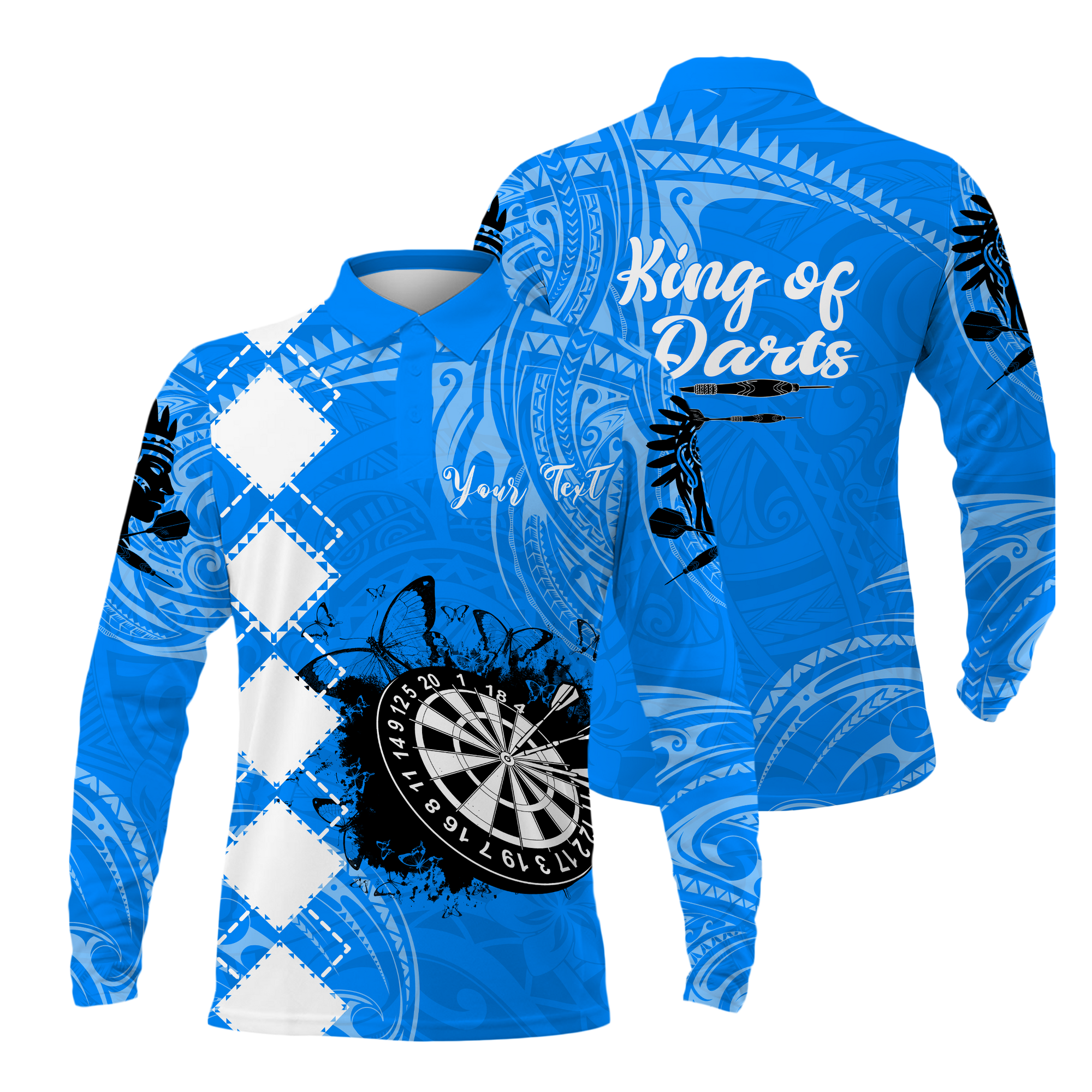 Personalized - Polynesian KIng Of Darts Long Sleeve Polo Shirt With Blue Color For Men - TH02