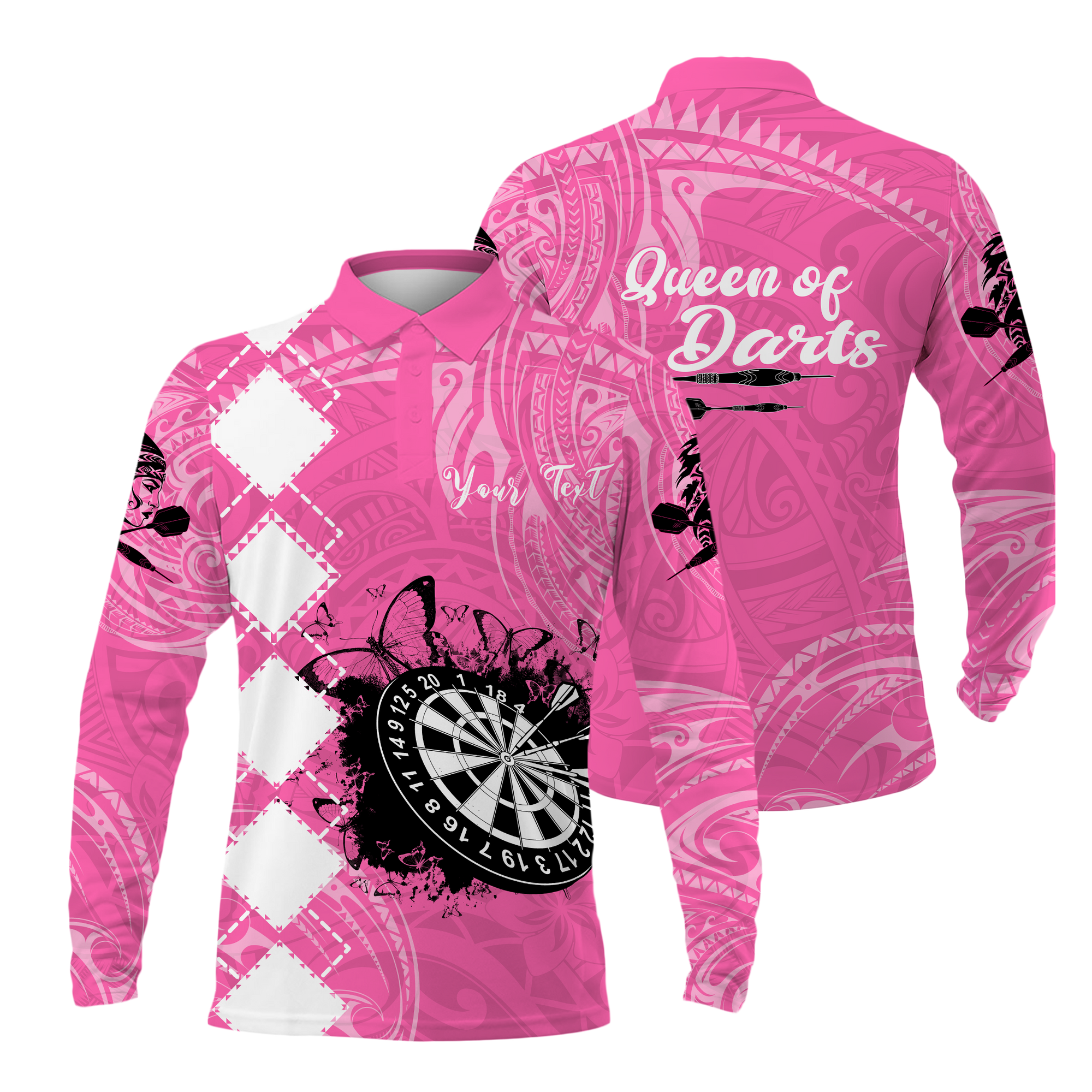 Personalized - Polynesian Queen Of Darts Long Sleeve Polo Shirt With Pink Color For Men - TH02
