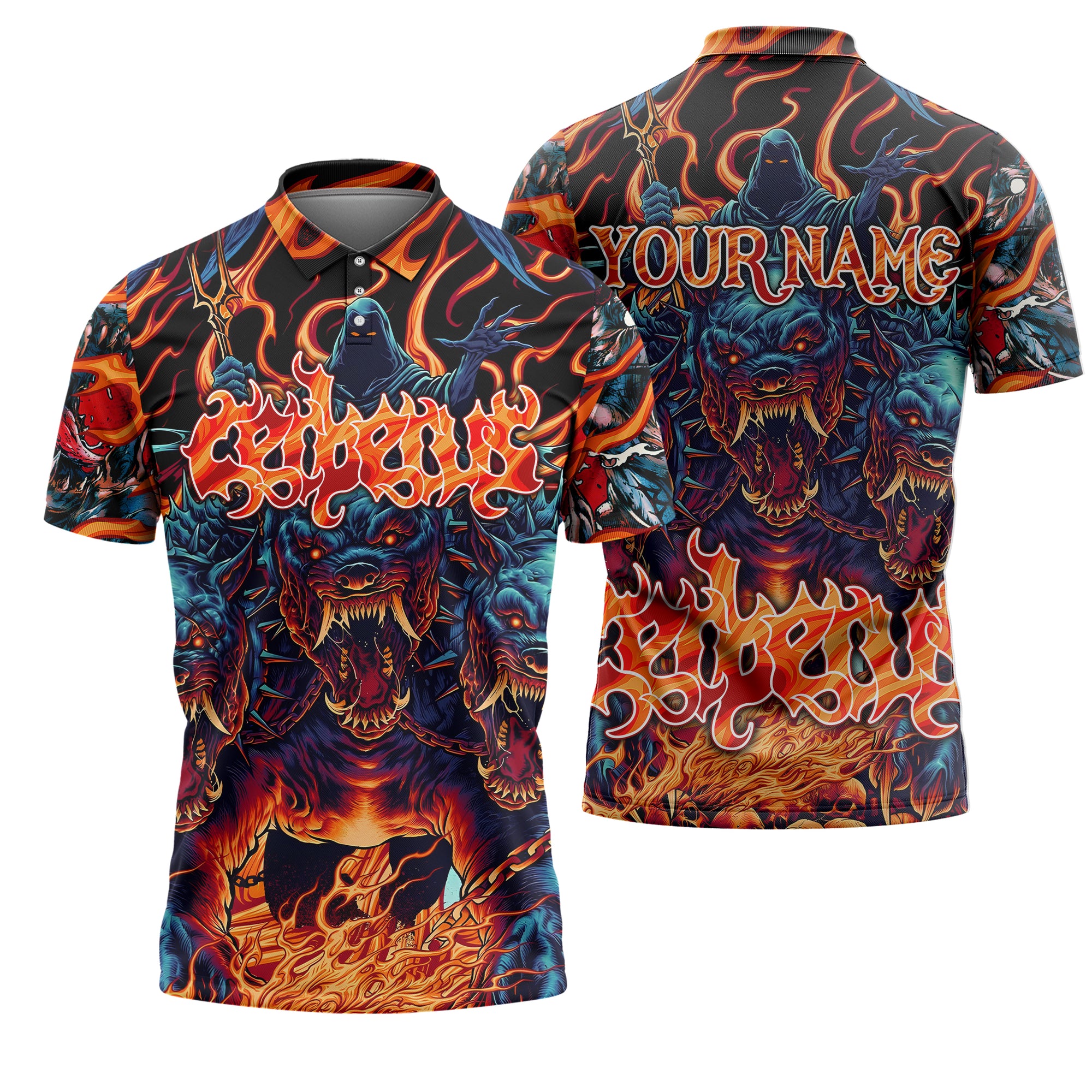 Personalised Cerberus Flame Design Halloween Vibes Polo Shirt - TH02