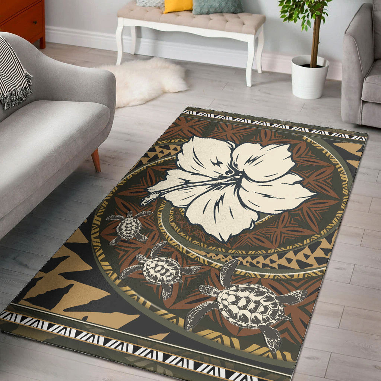 Polynesian Turtle Retro Style Area Rug Area Rug