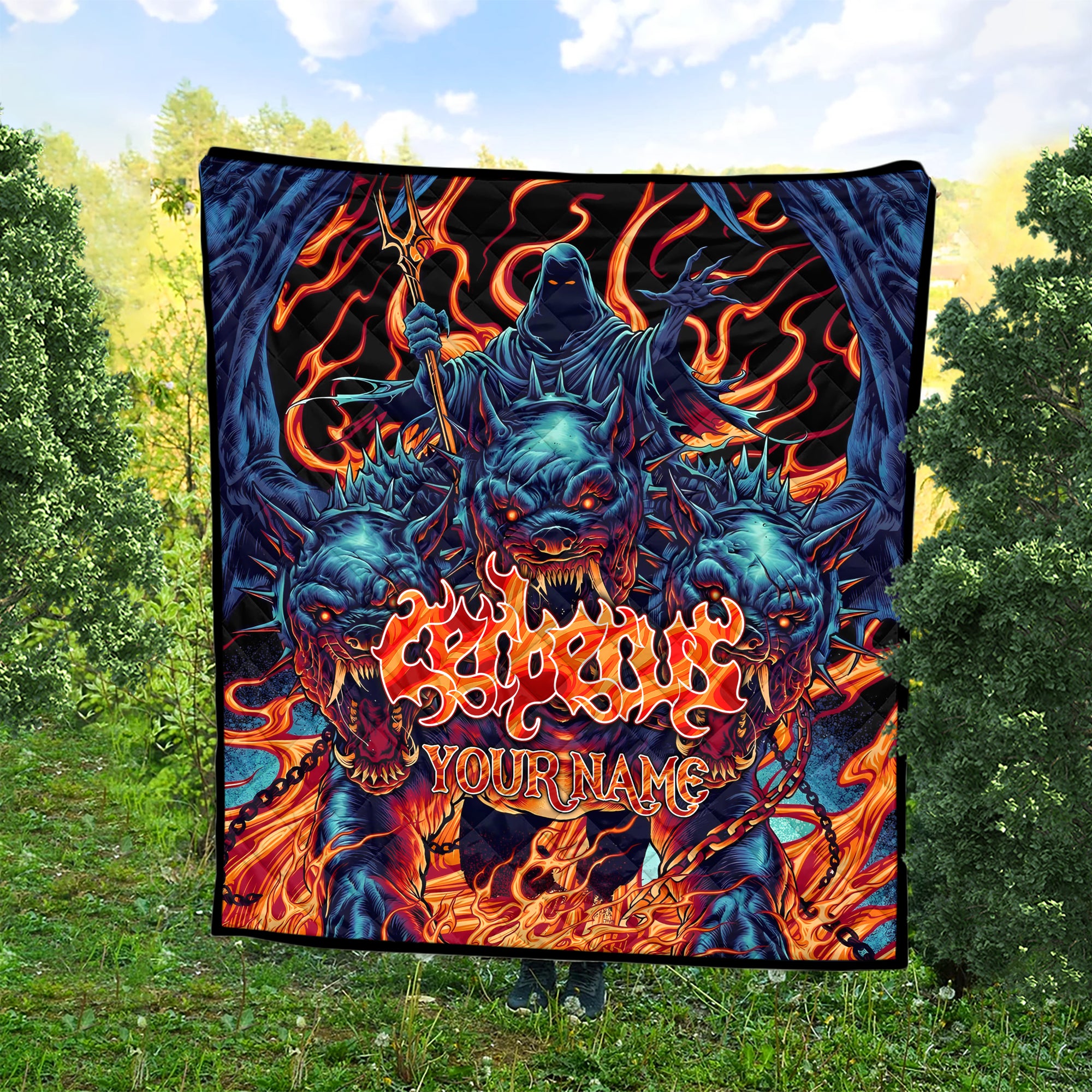 Personalised Cerberus Flame Design Halloween Vibes Premium Quilt - TH02