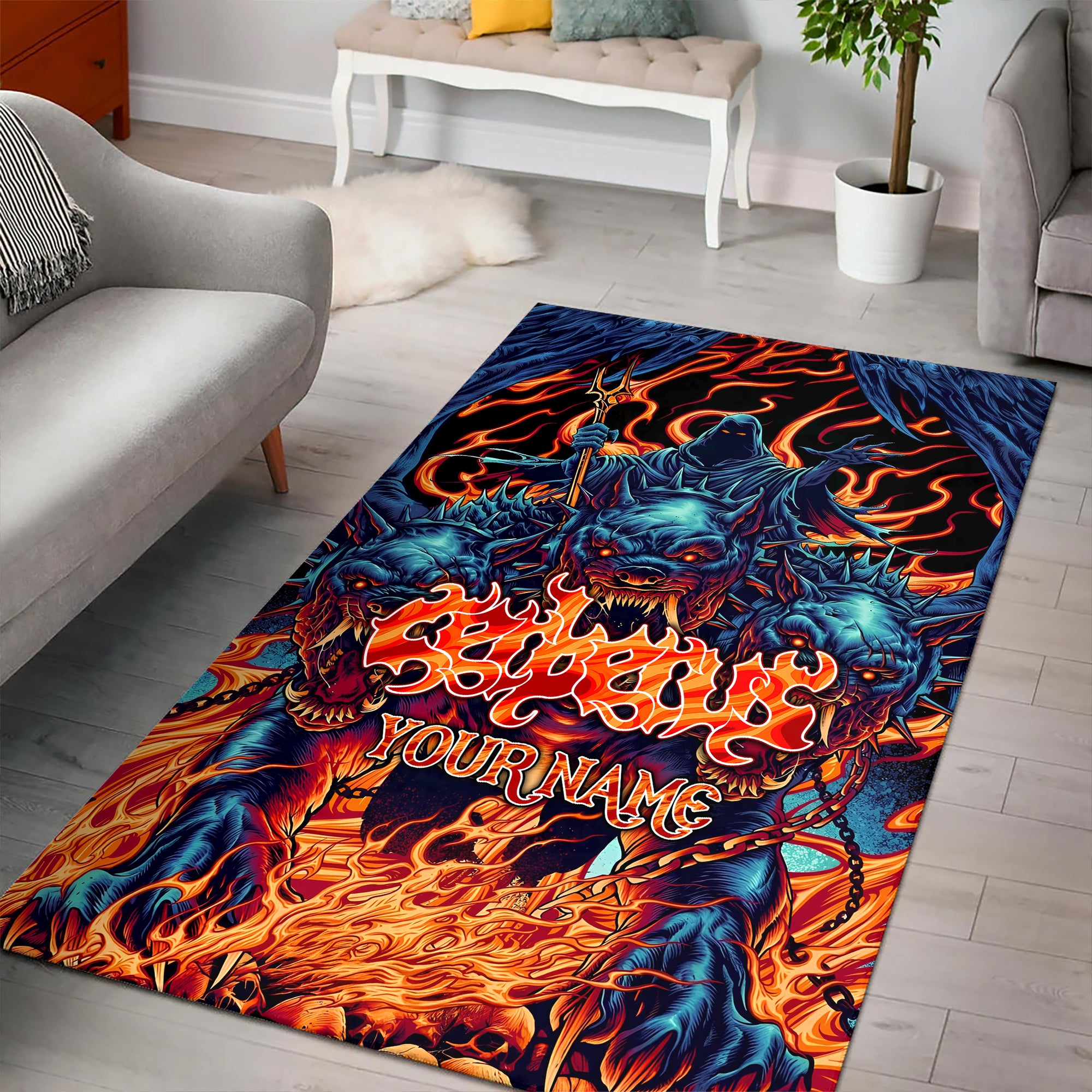 Personalised Cerberus Flame Design Halloween Vibes Area Rug - TH02