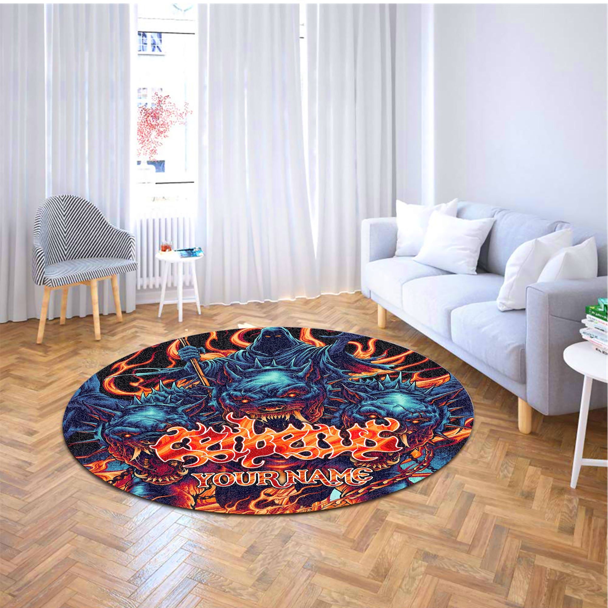Personalised Cerberus Flame Design Halloween Vibes Round Rug - TH02