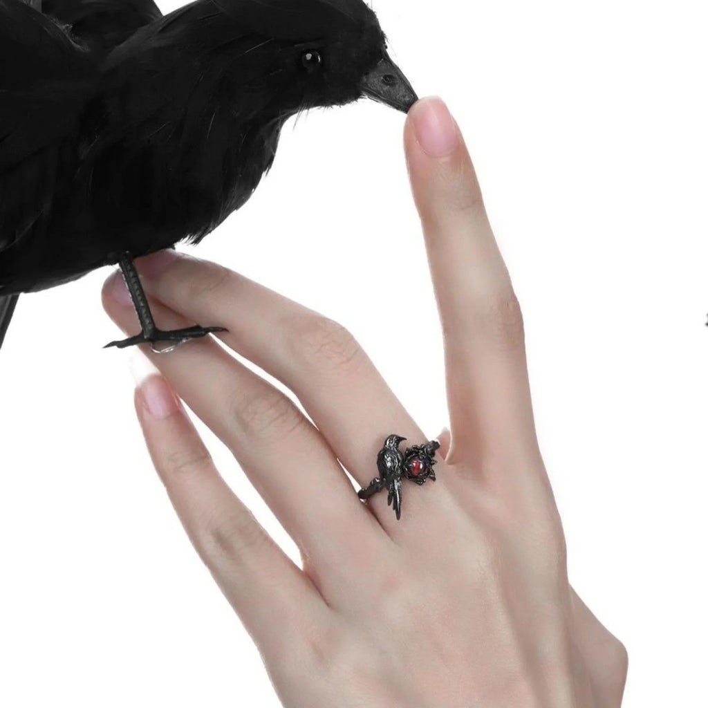 Black Raven & Red Gemstone Gothic Ring