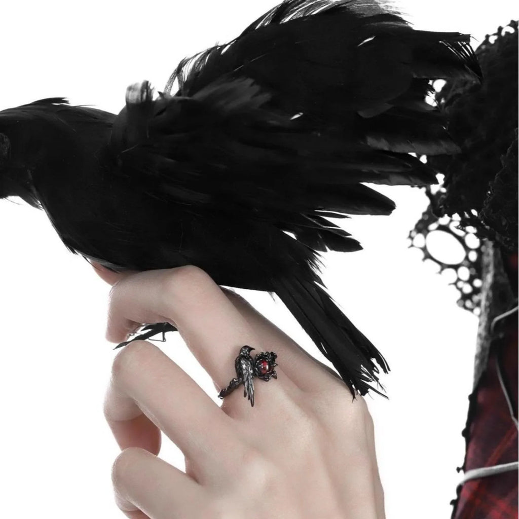 Black Raven & Red Gemstone Gothic Ring