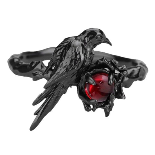 Black Raven & Red Gemstone Gothic Ring