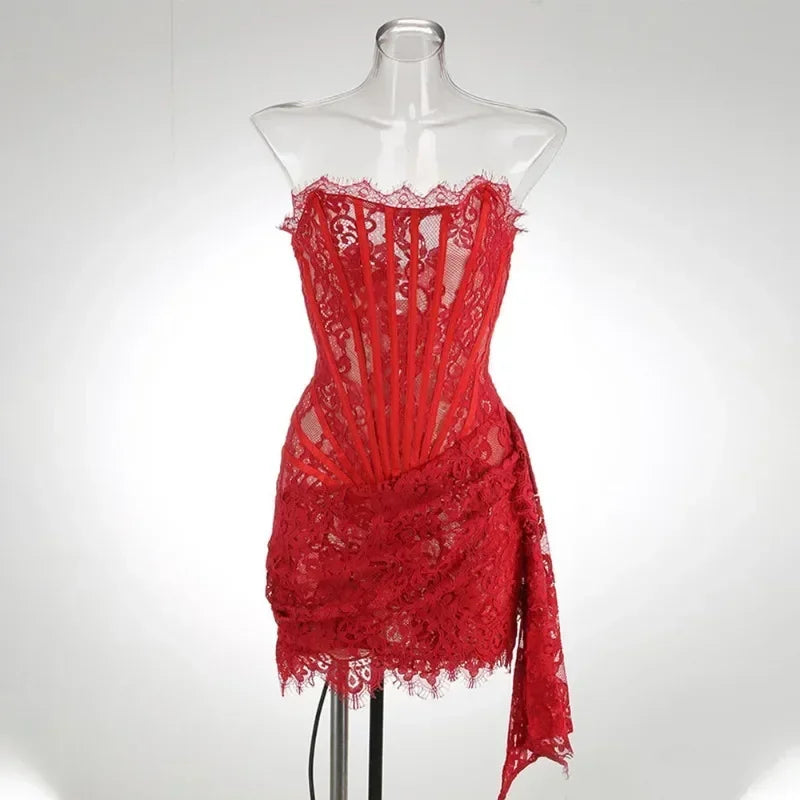 Valentina Sheer Lace Strapless Mini Dress