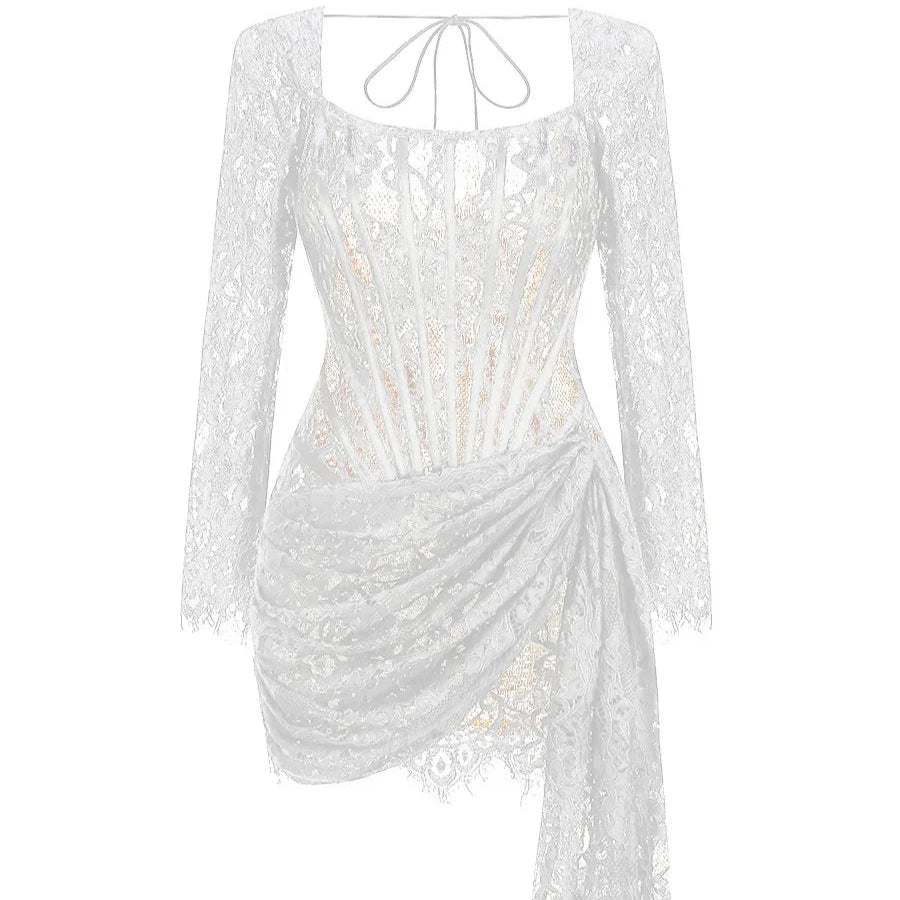 Valentina Sheer Lace Strapless Long Sleeve Mini Dress