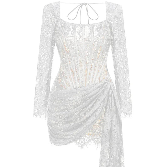 Valentina Sheer Lace Strapless Long Sleeve Mini Dress