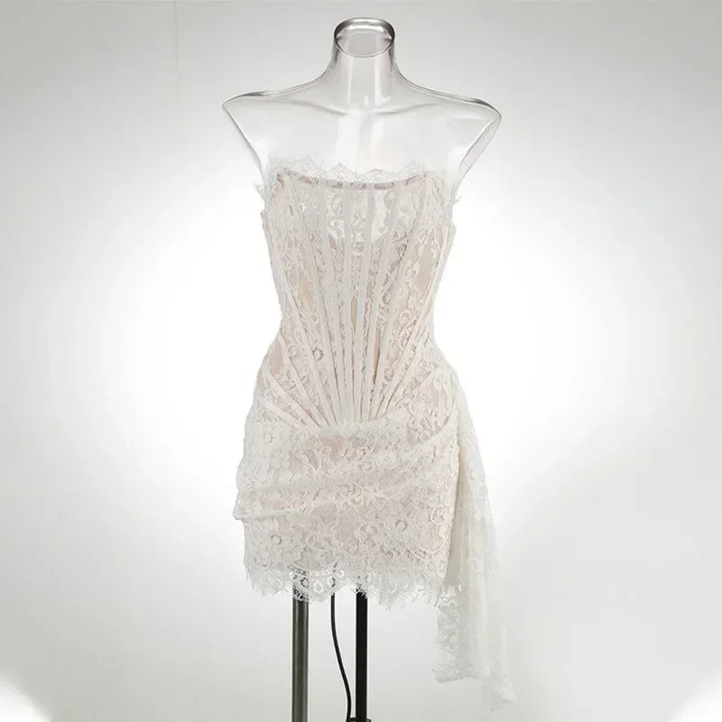 Valentina Sheer Lace Strapless Mini Dress