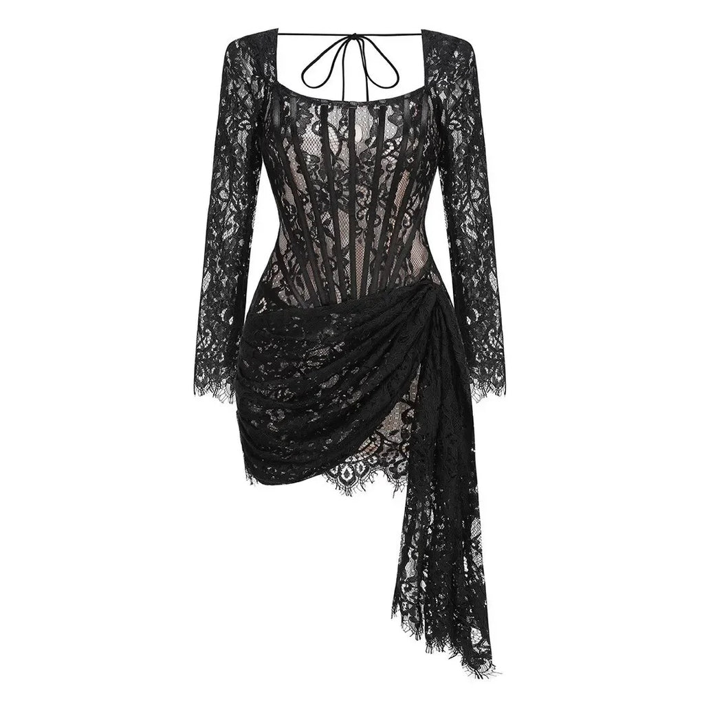 Valentina Sheer Lace Strapless Long Sleeve Mini Dress