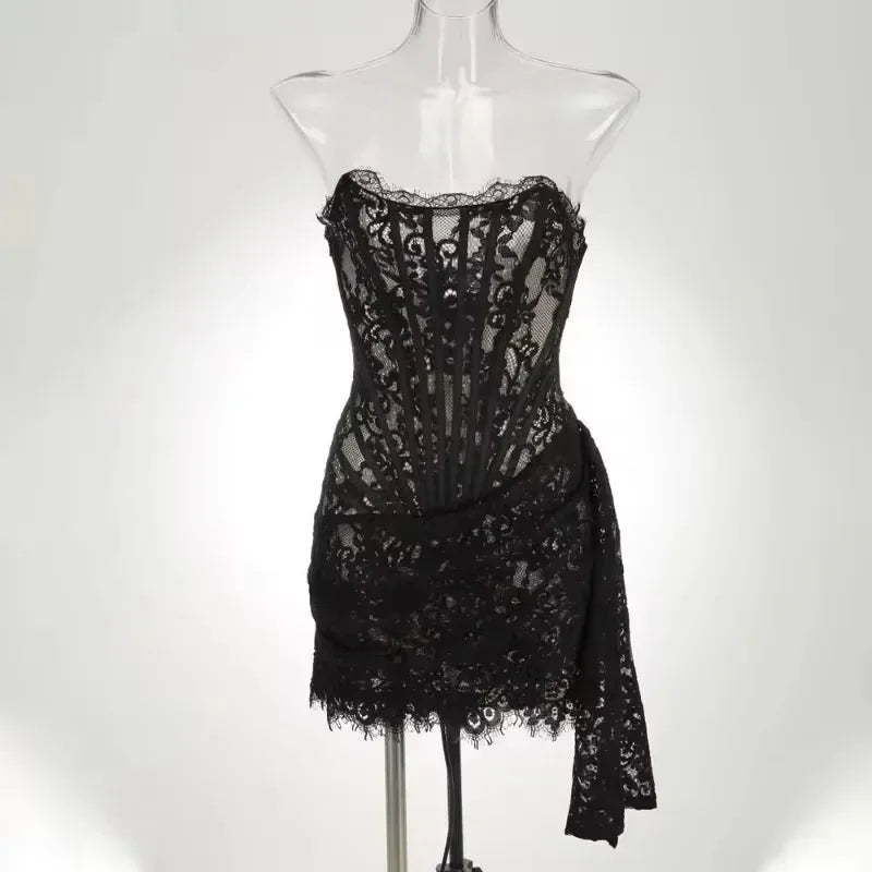 Valentina Sheer Lace Strapless Mini Dress