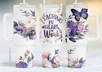 Teacher Purple Floral Butterflies Handle With Tumbler – Size 40oz