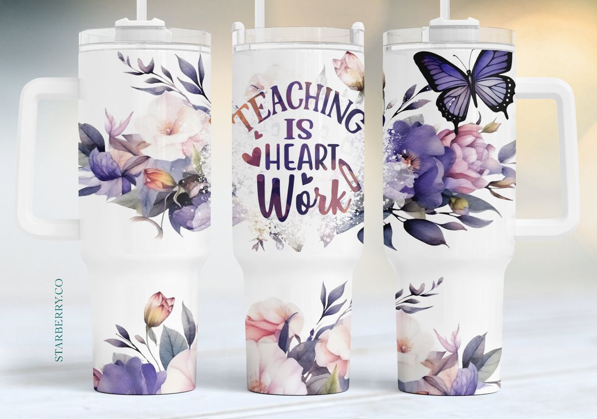 Teacher Purple Floral Butterflies Handle With Tumbler – Size 40oz