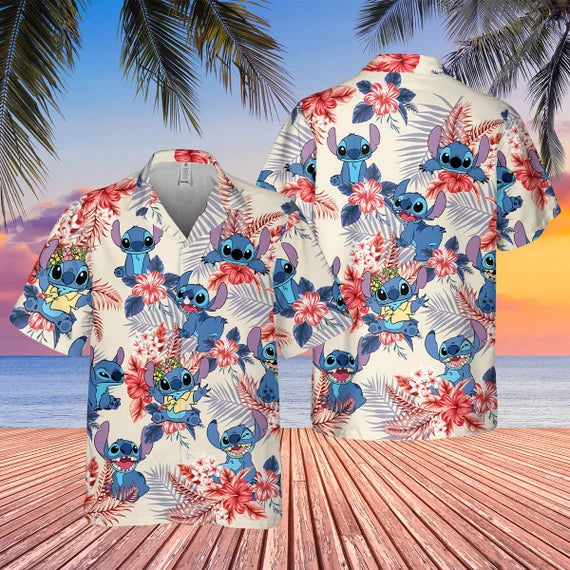 Stitch With Hibicus Pattern Hawaiian Shirt For Men/Women