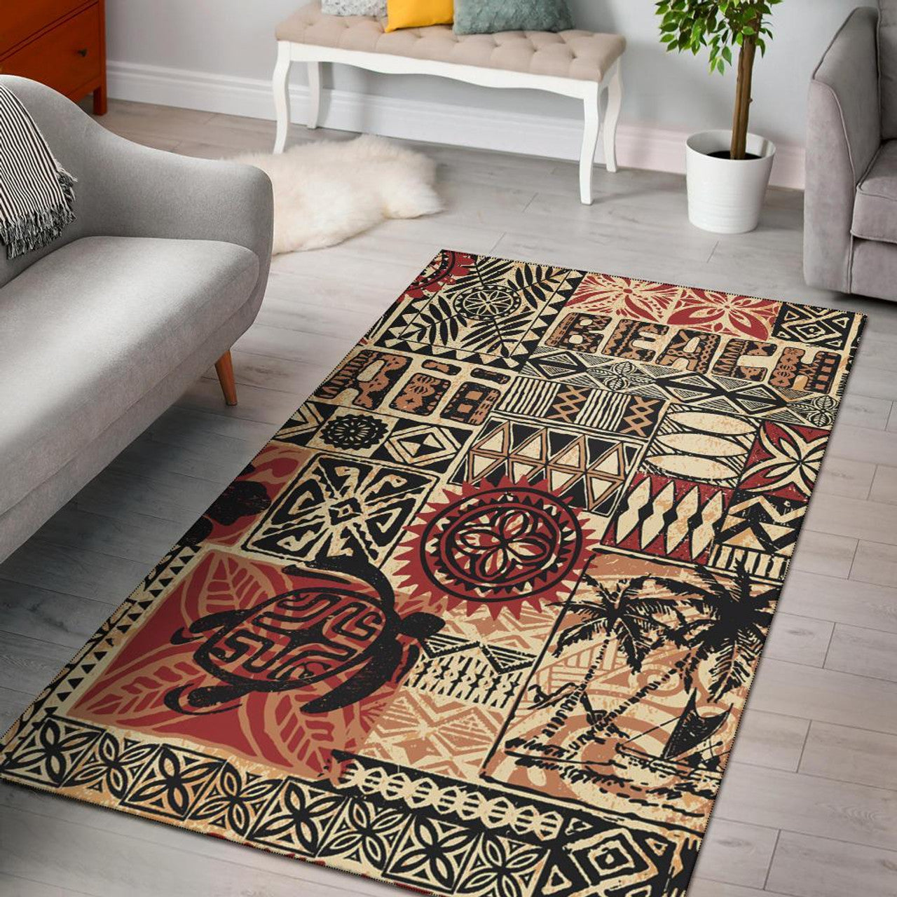 Hawaii Polynesian Hawaiian Style Tribal Fabric Patchwork Area Rug