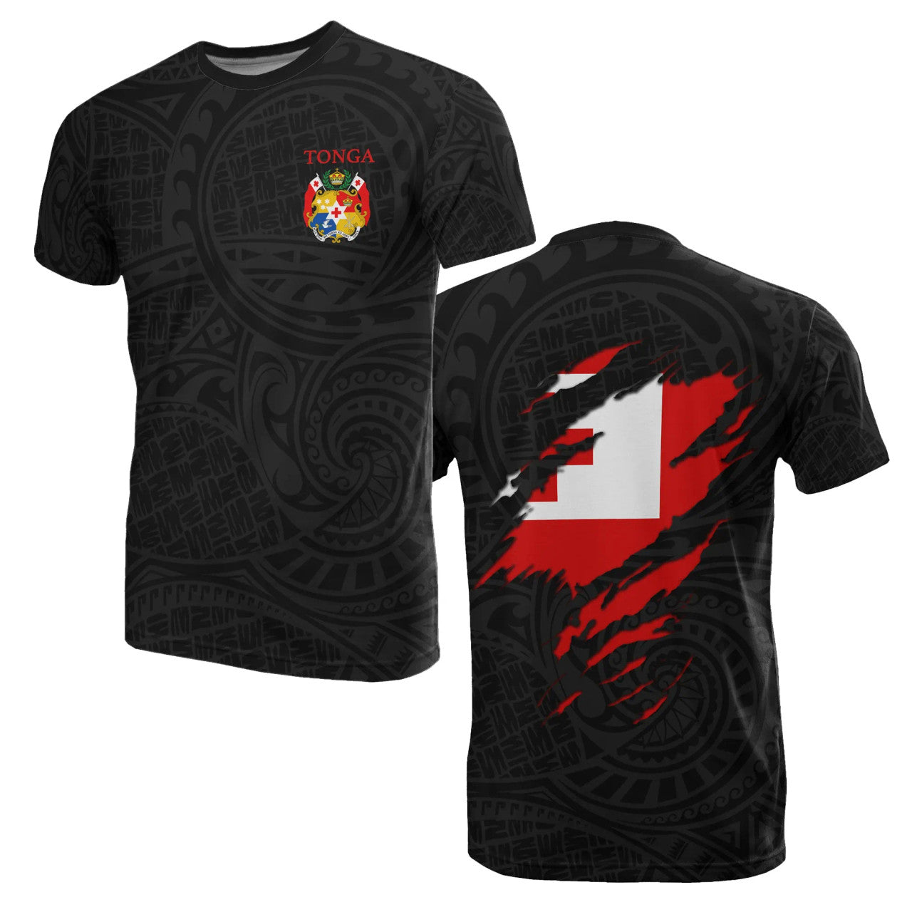 Tonga Maori Pattern With Coat Of Arms Flag T-Shirt For Men/Women