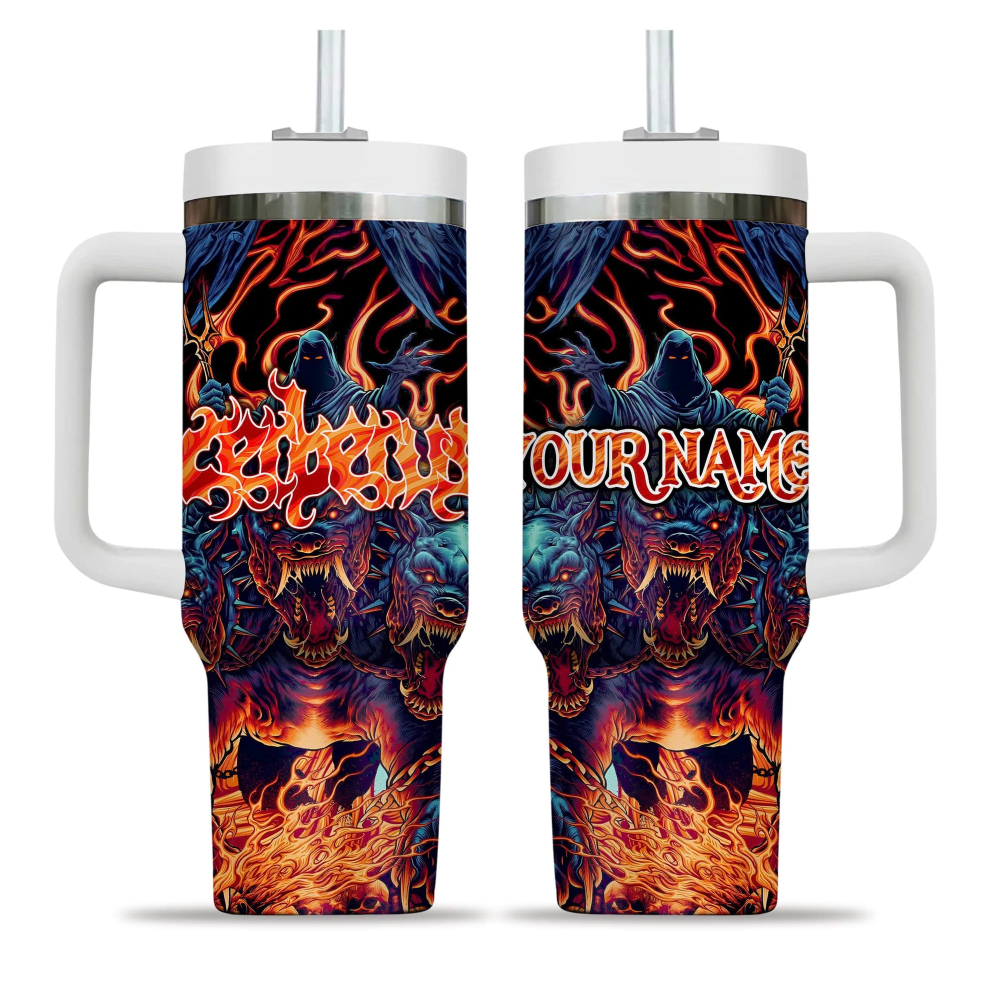 Personalised Cerberus Flame Design Halloween Vibes Handle With Tumbler – Size 40oz - TH02