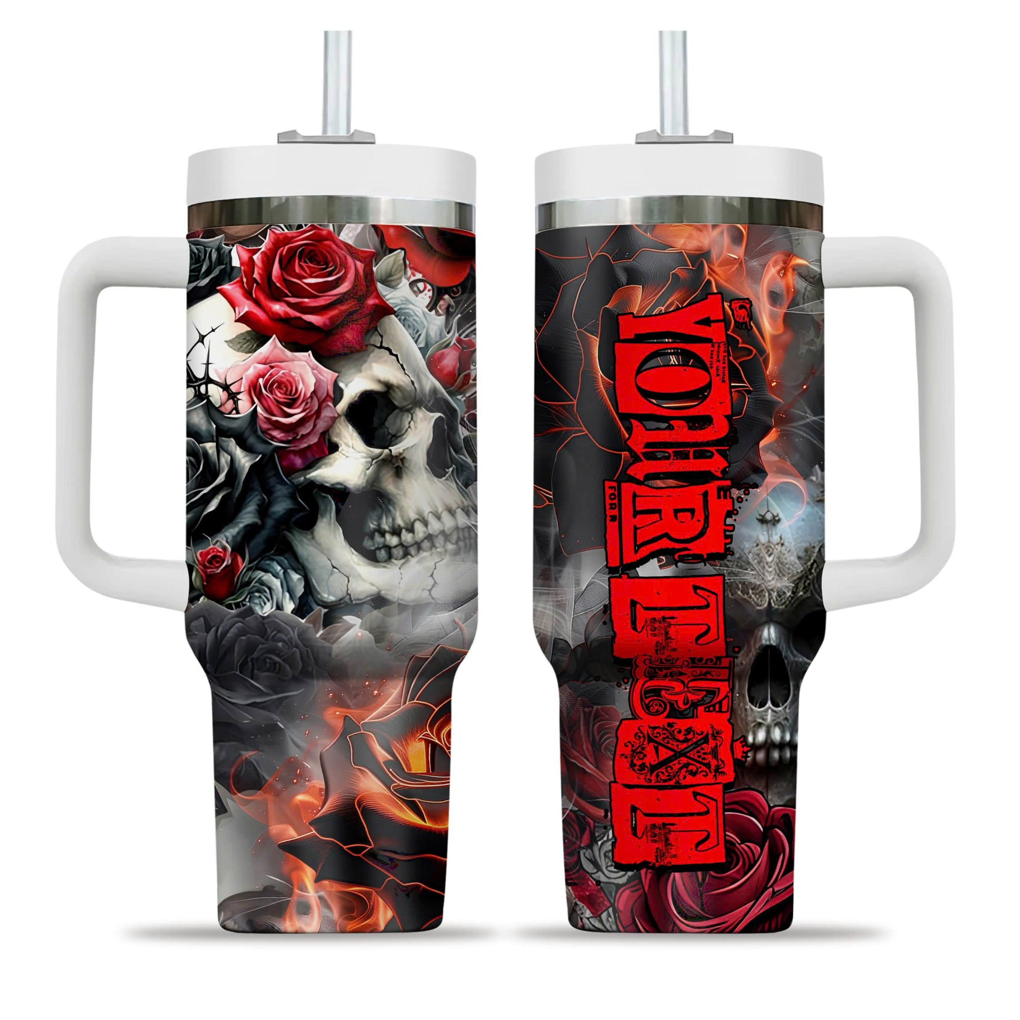 Personalised Rose Flames Of Hell Design Halloween Vibes Handle With Tumbler – Size 40oz - TH02