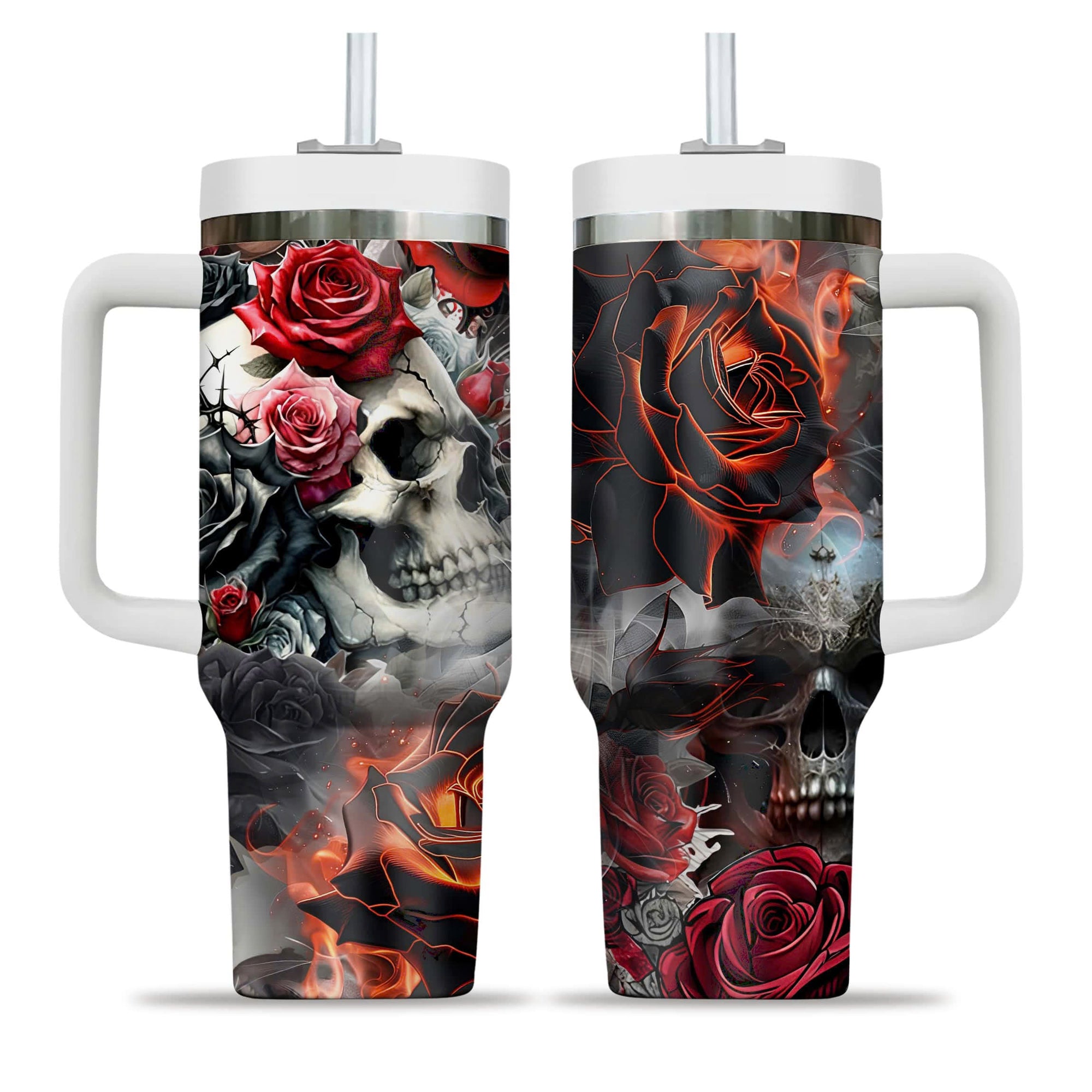 Rose Flames Of Hell Design Halloween Vibes Handle With Tumbler – Size 40oz - TH02